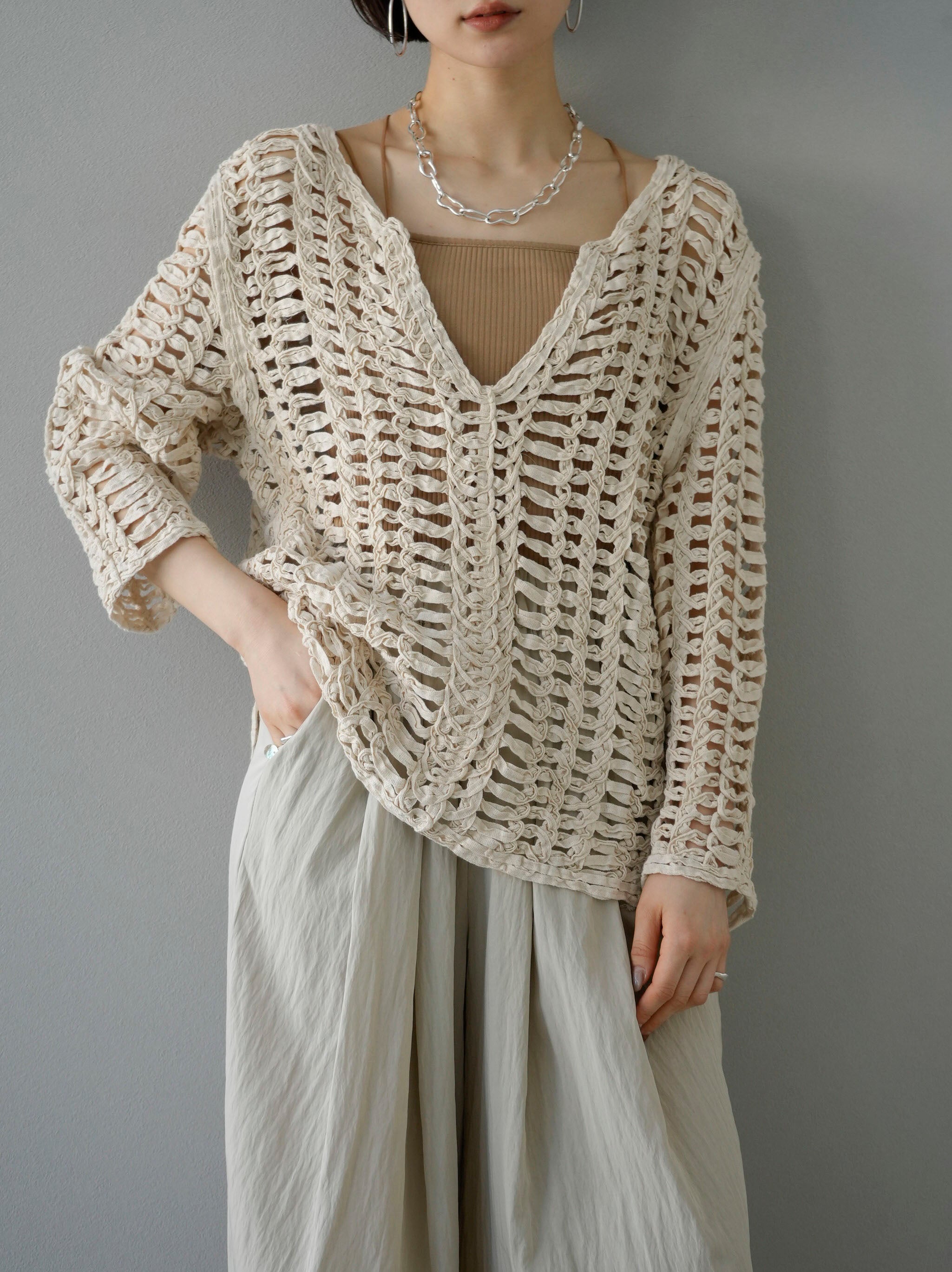 Pre-order] Tape yarn openwork loose knit pullover/natural – Lumier