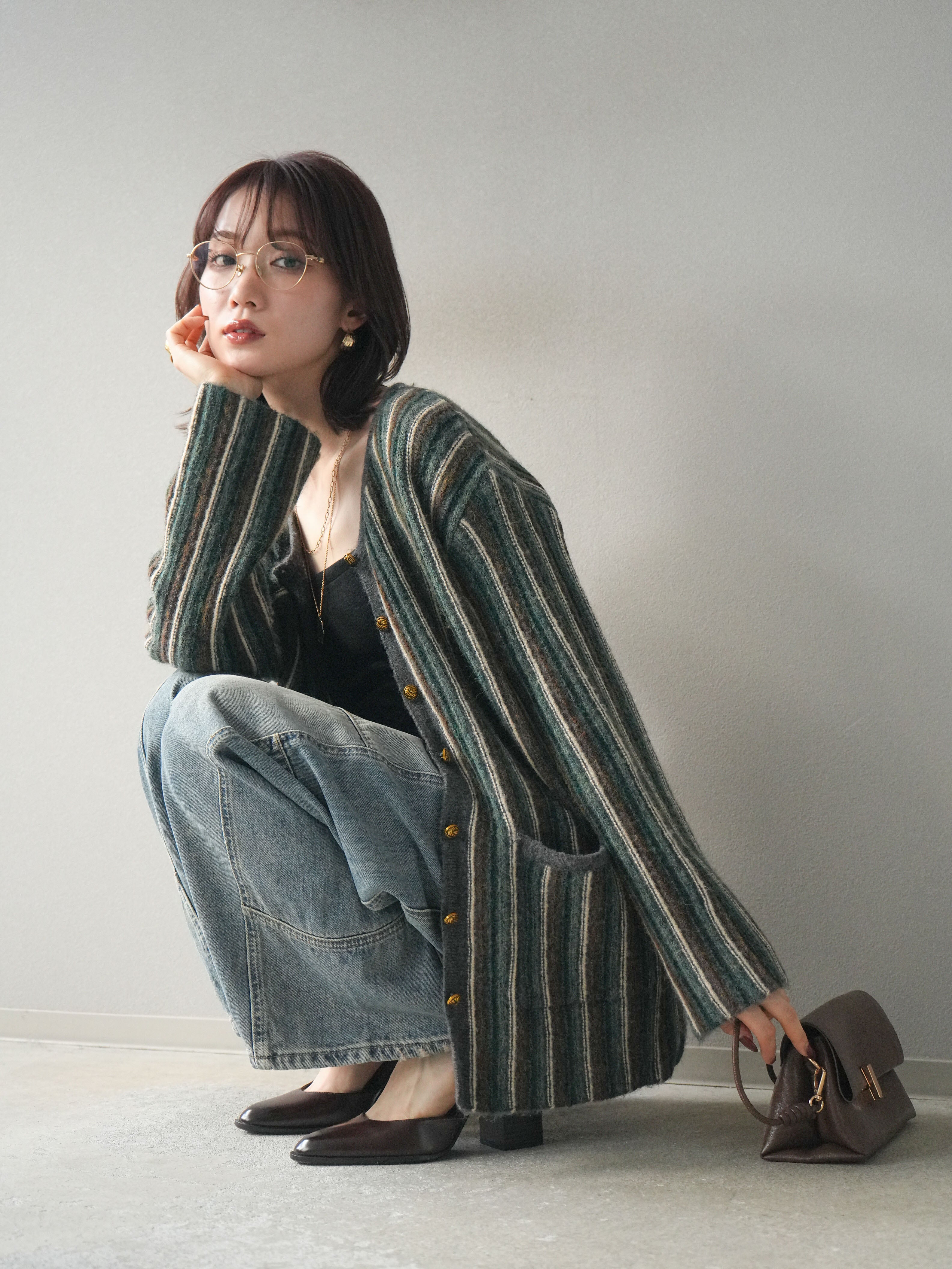 60's ストライプニットカーディガン ウール　猫目ボタン　ヴィンテージ 60's ストライプニットカーディガン ウール 猫目ボタン ヴィンテージ