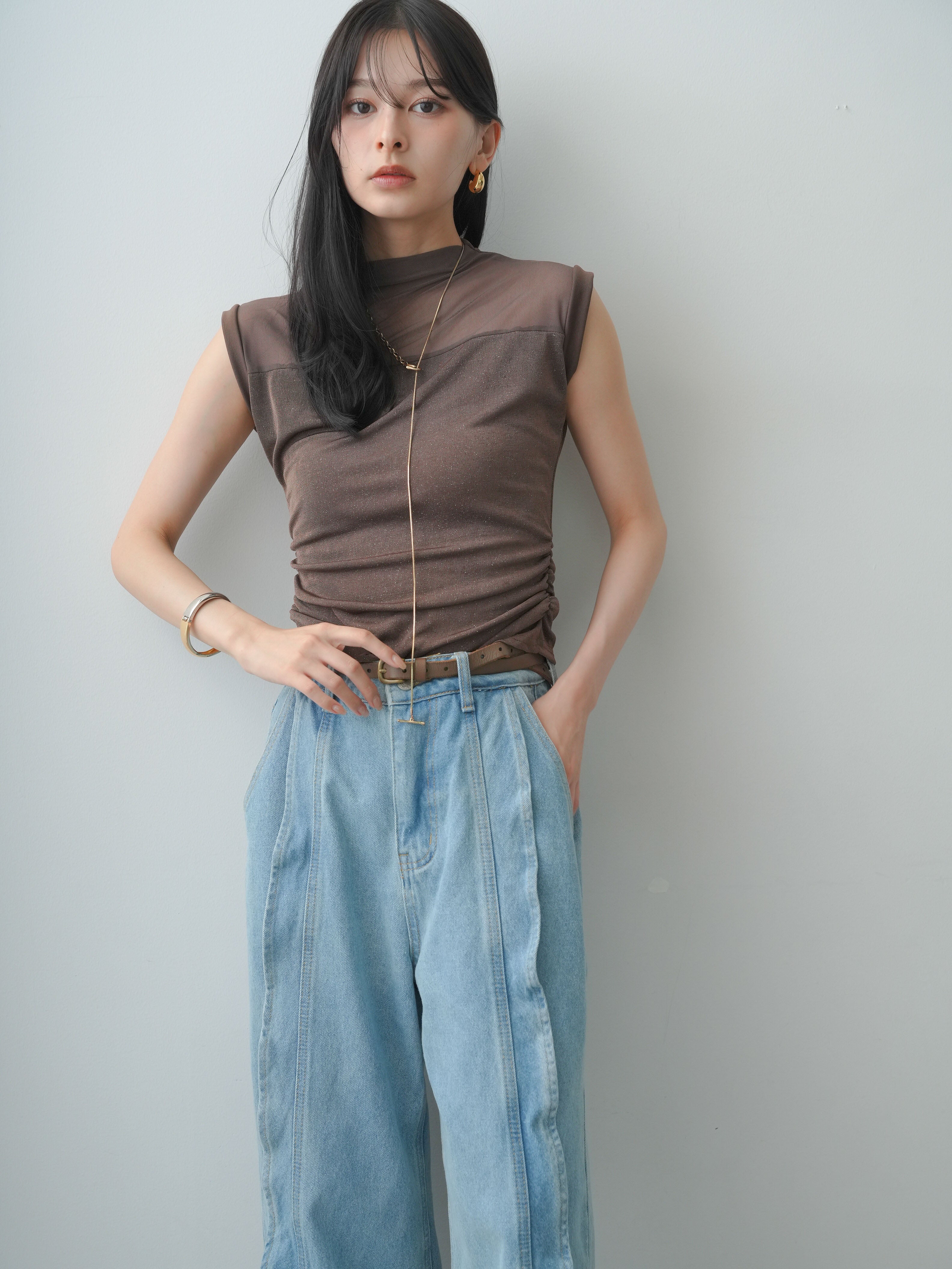 【新品・未使用】MARECHALTERRE 部分シアートップス 予約]ラメ切替シアートップス/mocha – Lumier