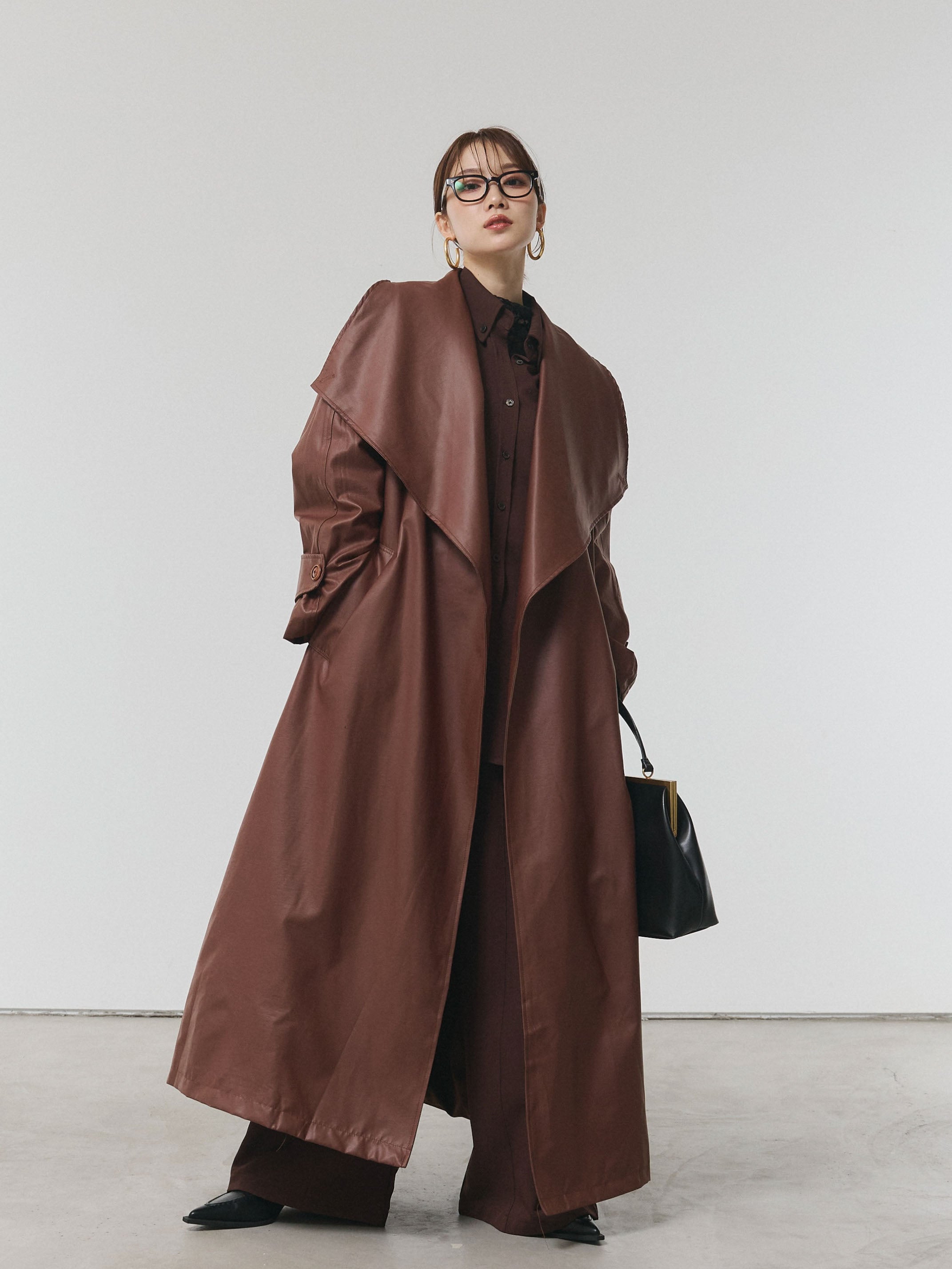 クロエ ロングコート ウール レザーリボン ブラウン 36 S〜M マオカラー クロエ ロングコート ウール レザーリボン ブラウン 36 S〜M