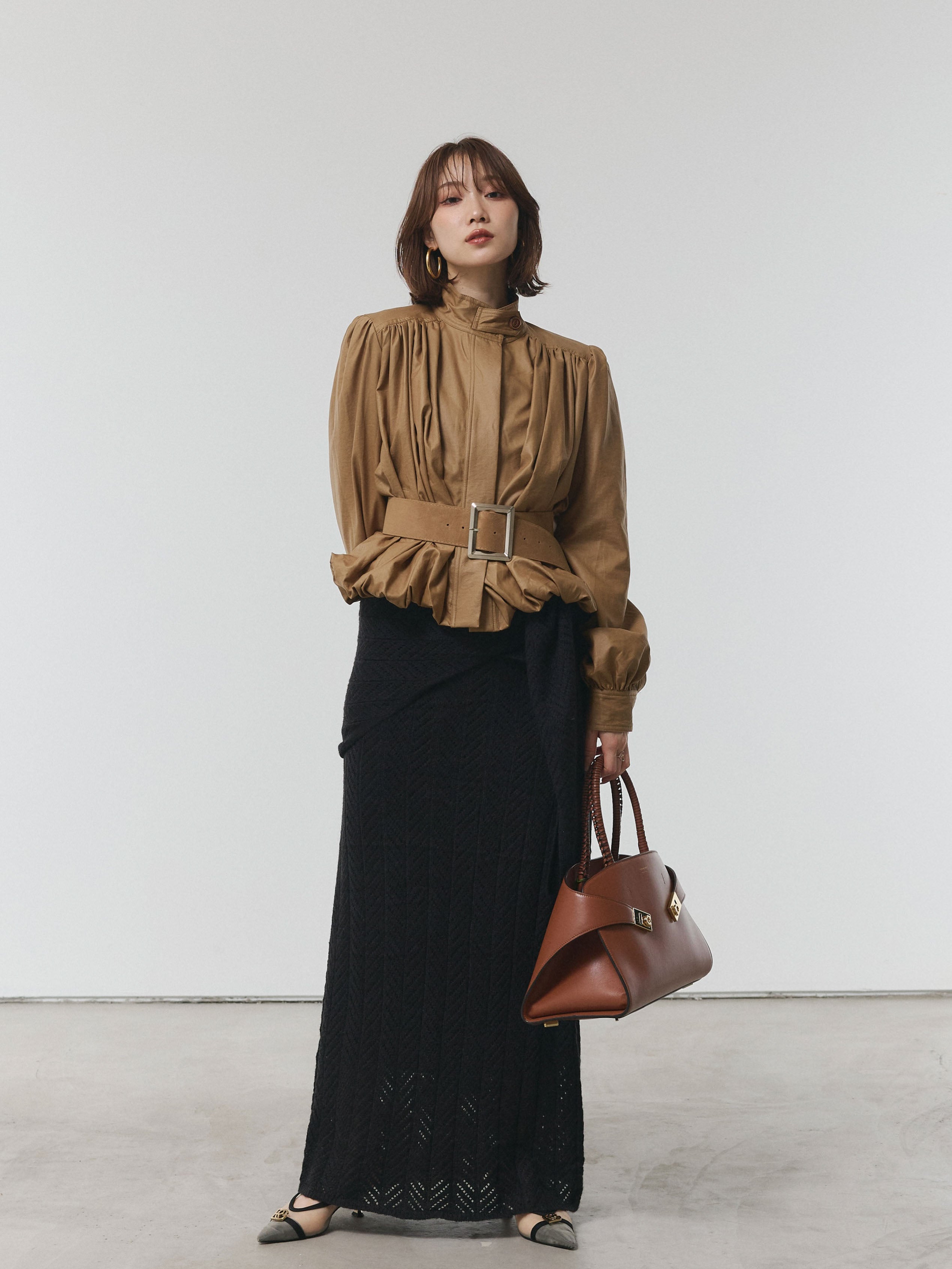 Allure】[SET]透かし編みニットトップス＆スカート3SET+ベルト付