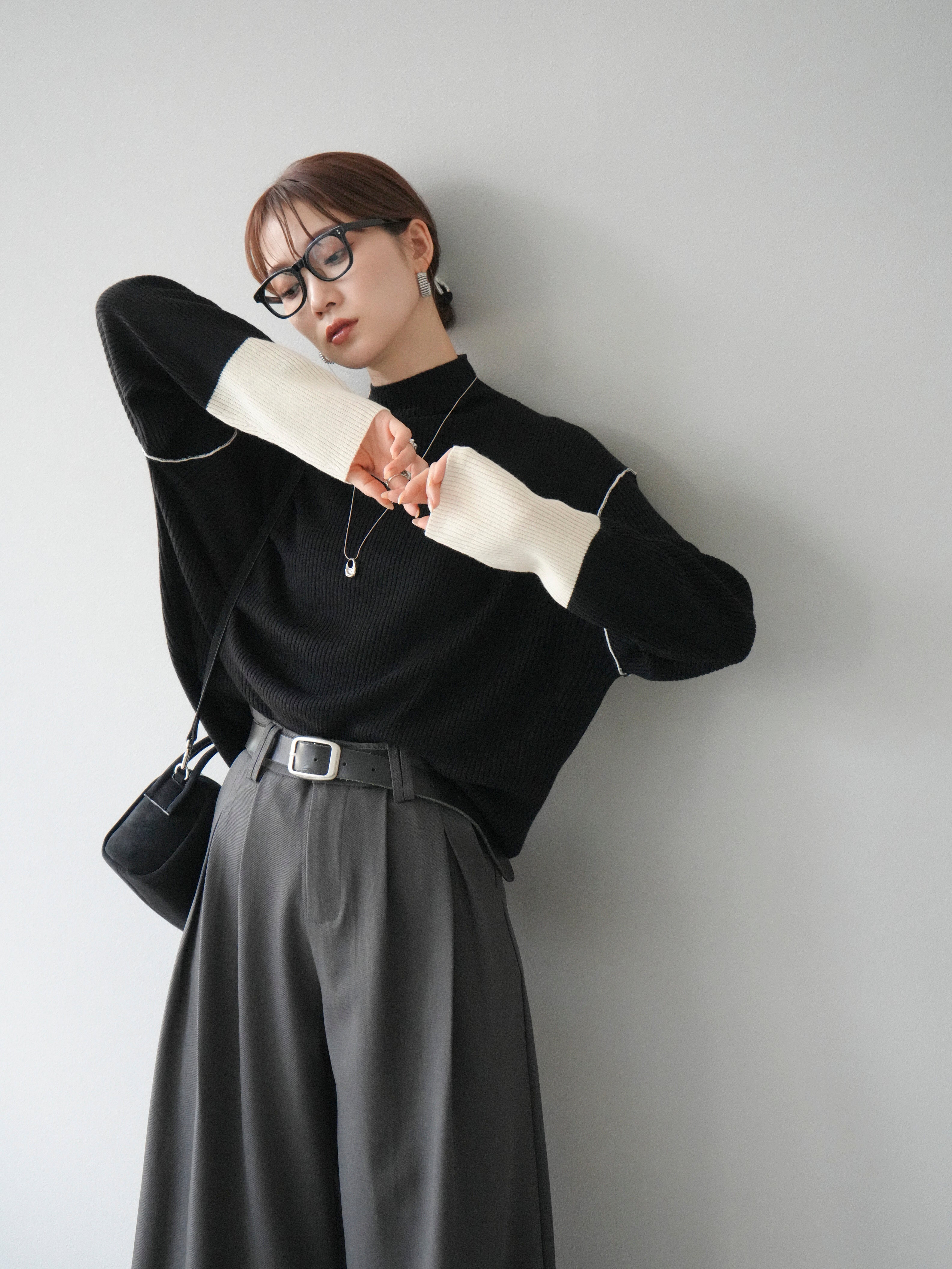 エンフォルド 配色ニット リブ切り替え クールネック ベージュ