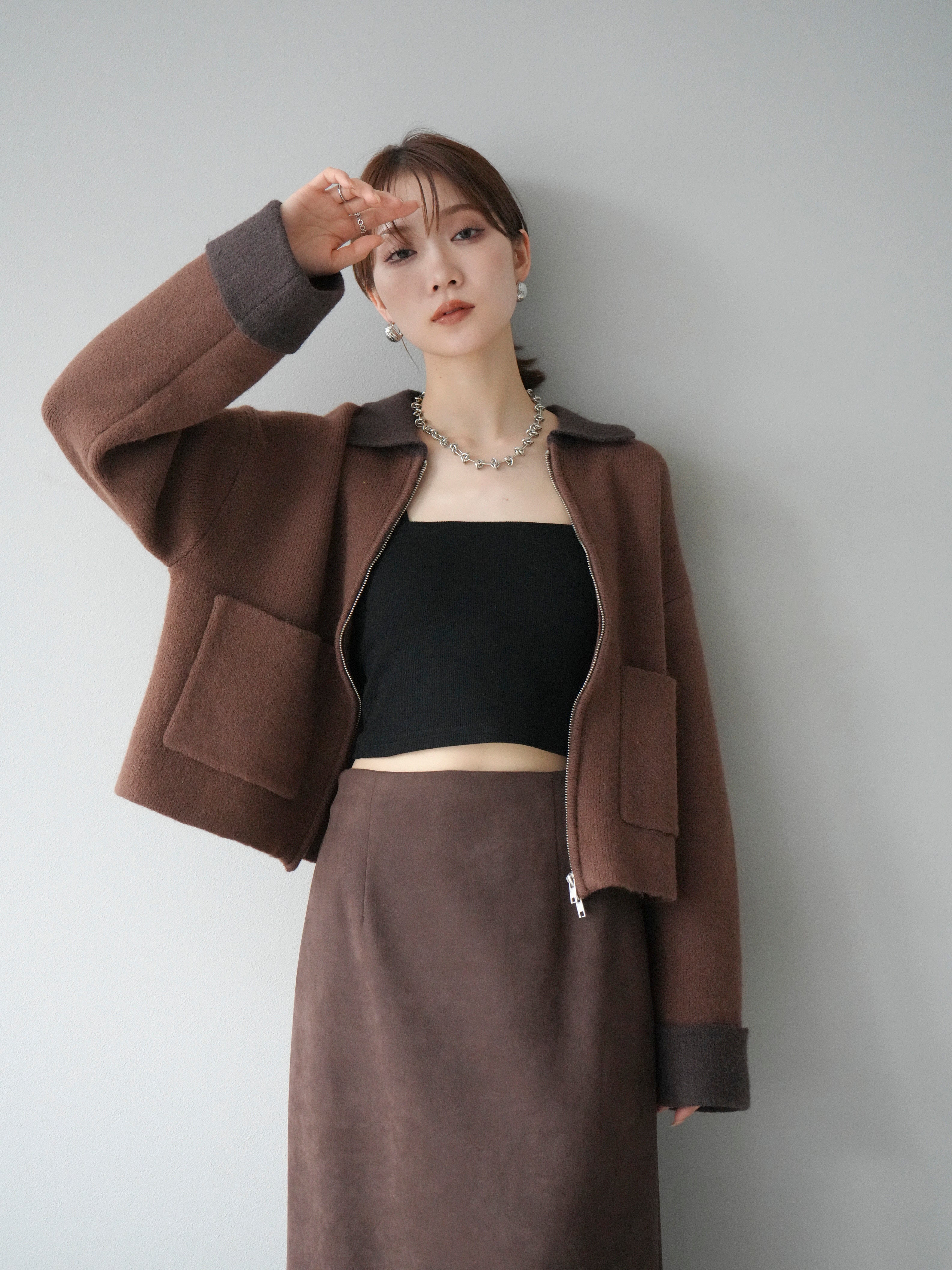 予約]ポロ襟ジップニットカーディガン/キャメル – Lumier