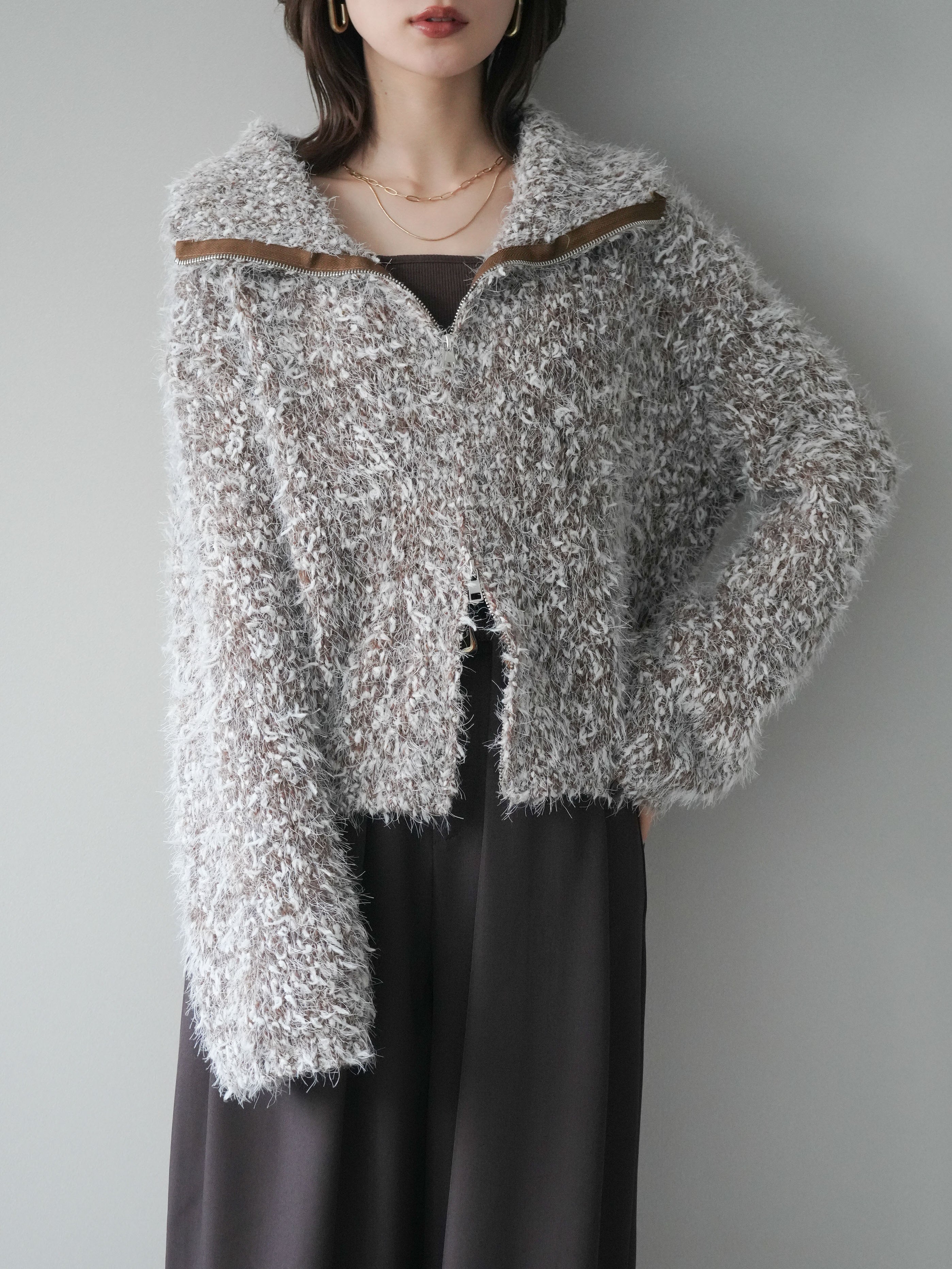 予約]ミックスシャギージップニットカーディガン/brown – Lumier