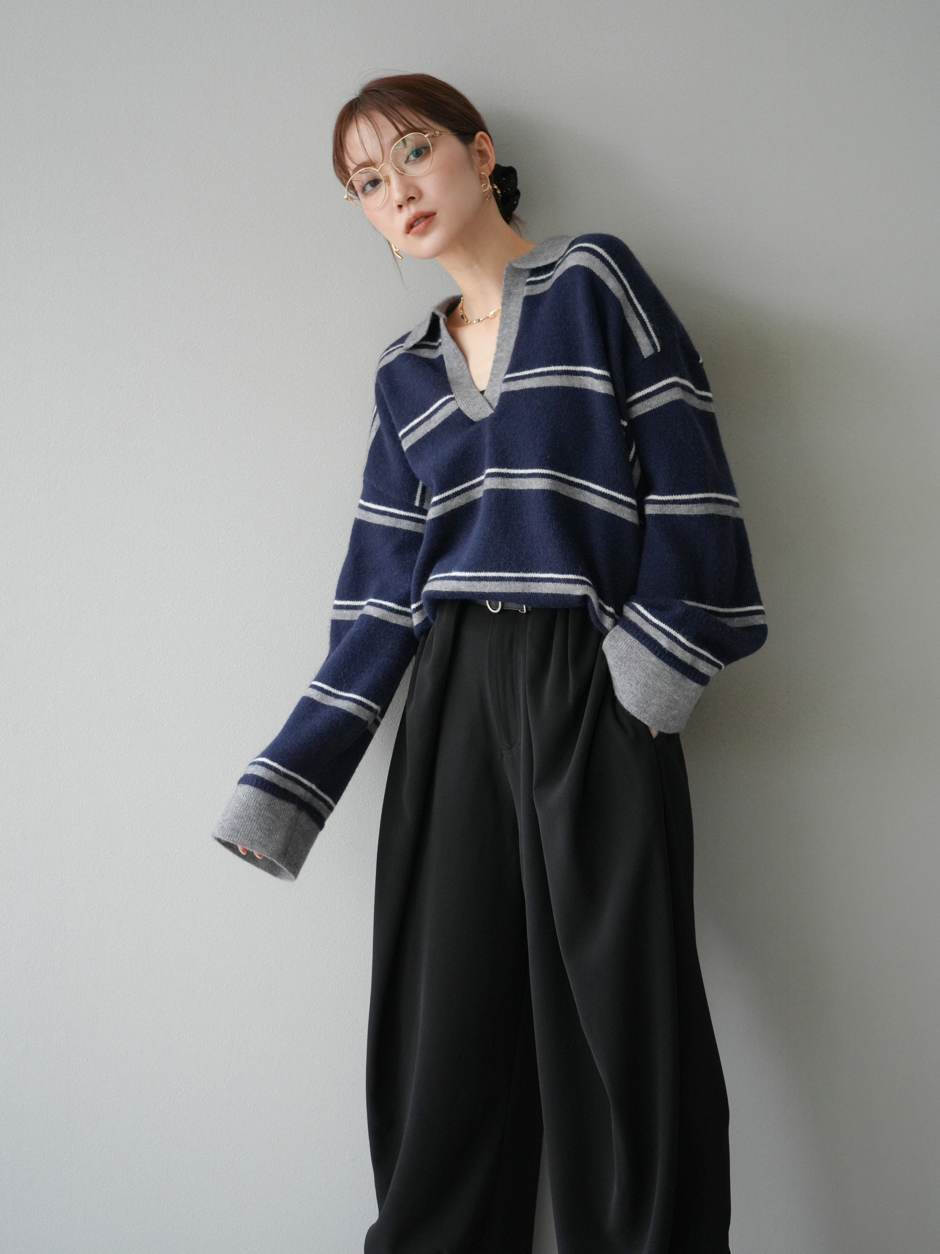 予約]ポロ襟スキッパーボーダーニットプルオーバー/ネイビー