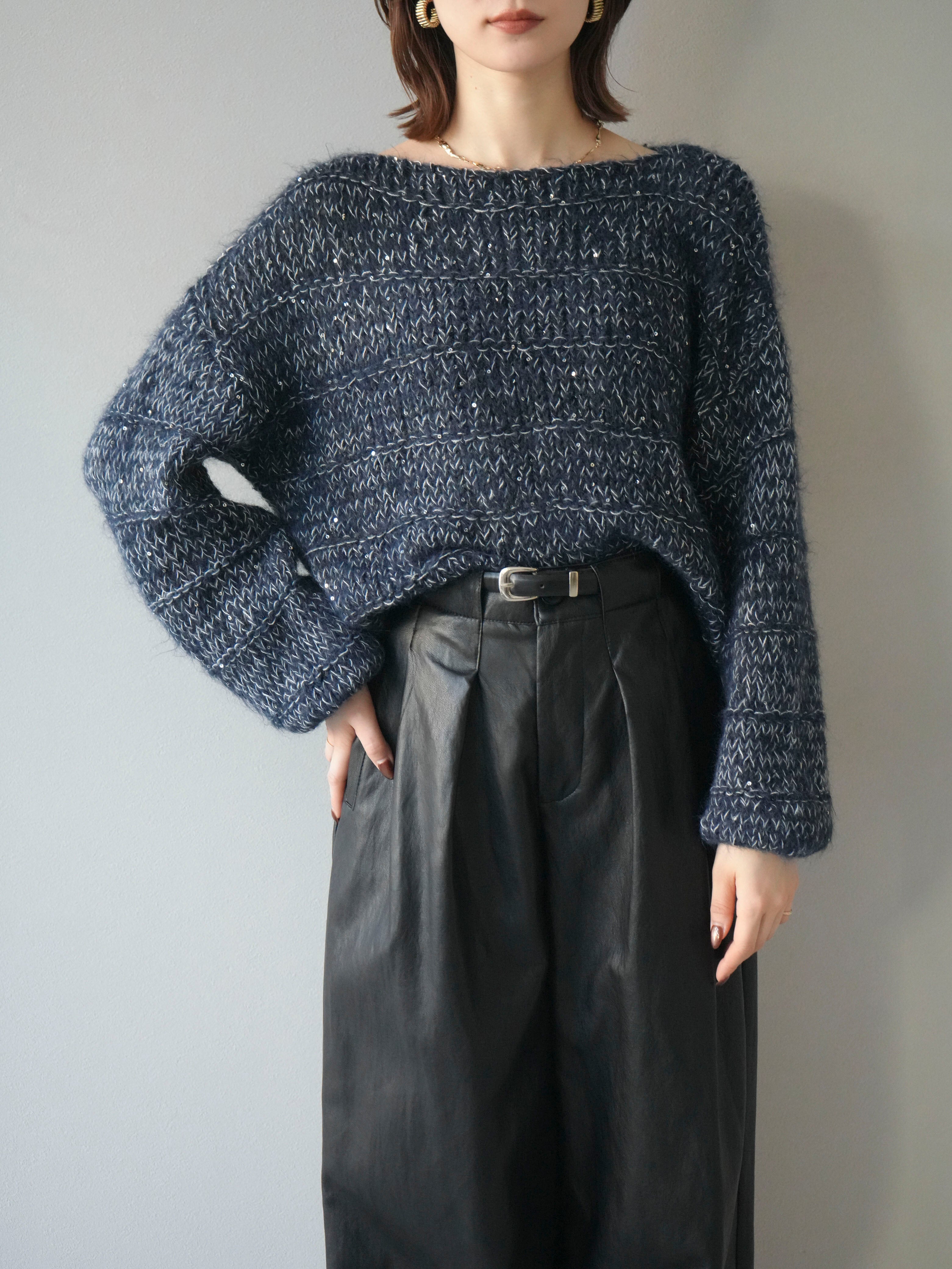 予約]ミックスヤーンスパンコールニットプルオーバー/navy – Lumier