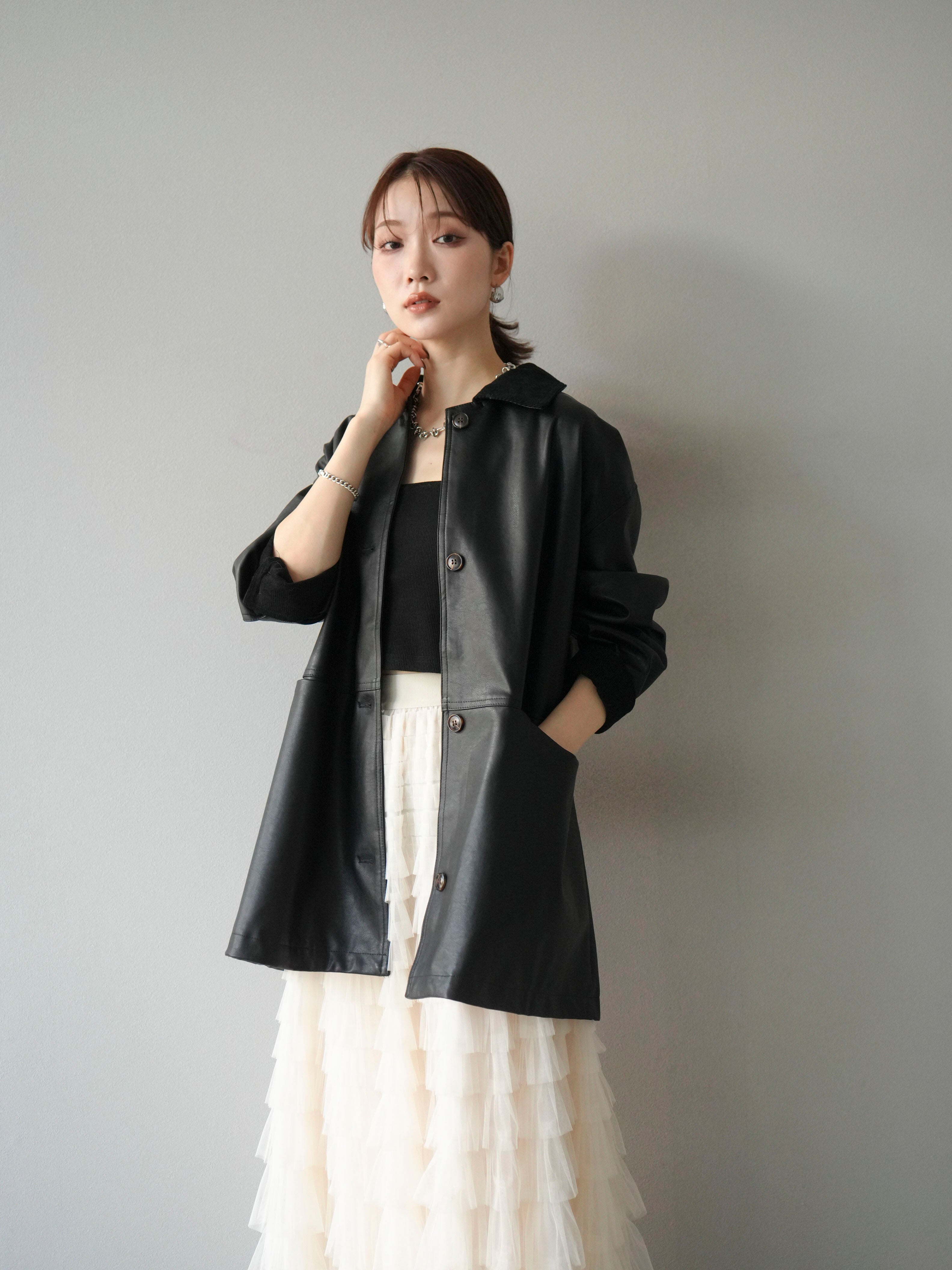 予約]コーデュロイ襟レザーステンカラージャケット/ブラック