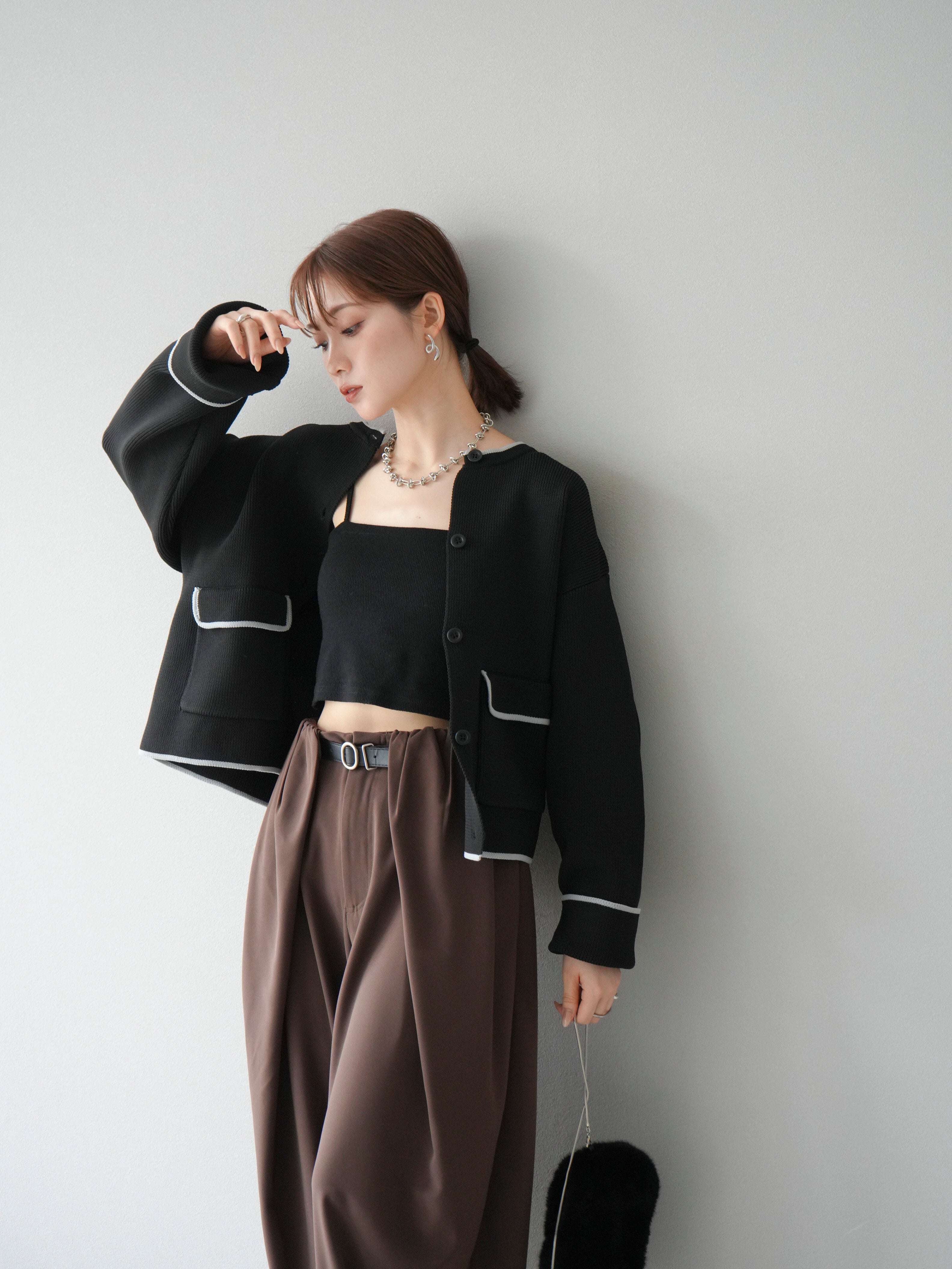 予約]ポリエステル配色クルーネックカーディガン/ブラック – Lumier