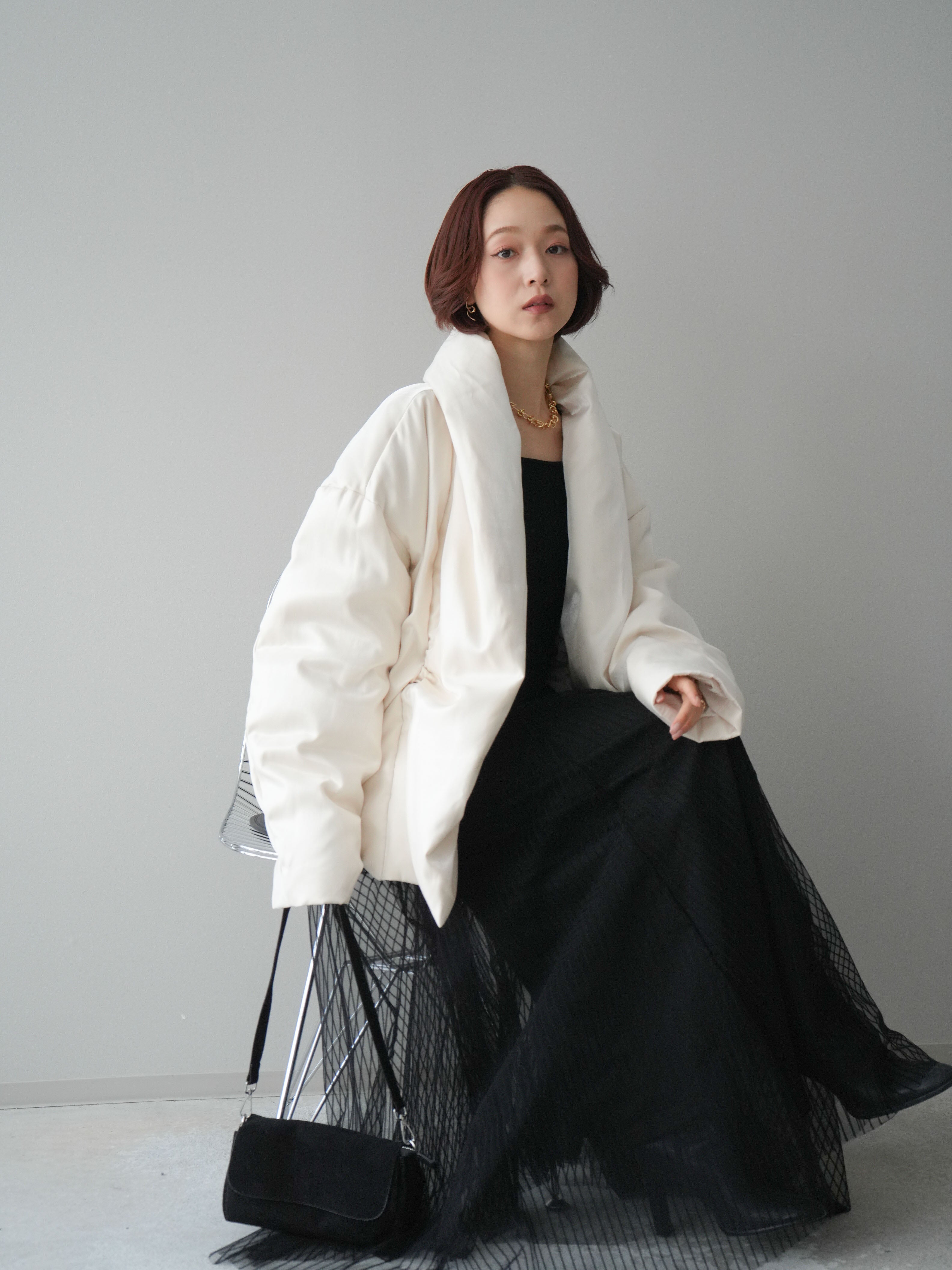 SET]シャイニーアシンメトリーダウンジャケット+チュールストライプ