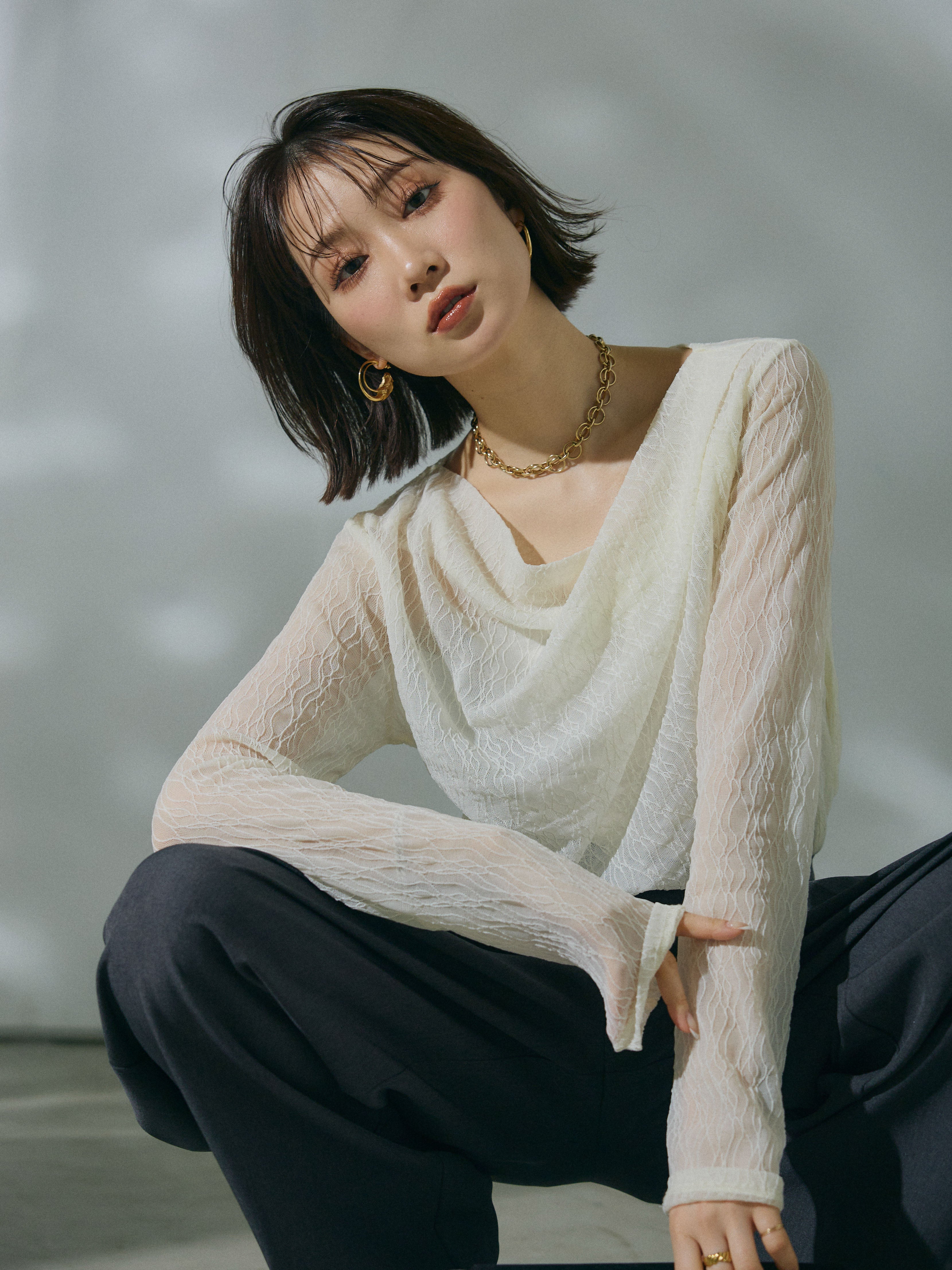 Allure】[SET]ストレッチレースドレープトップス+アシンメトリー