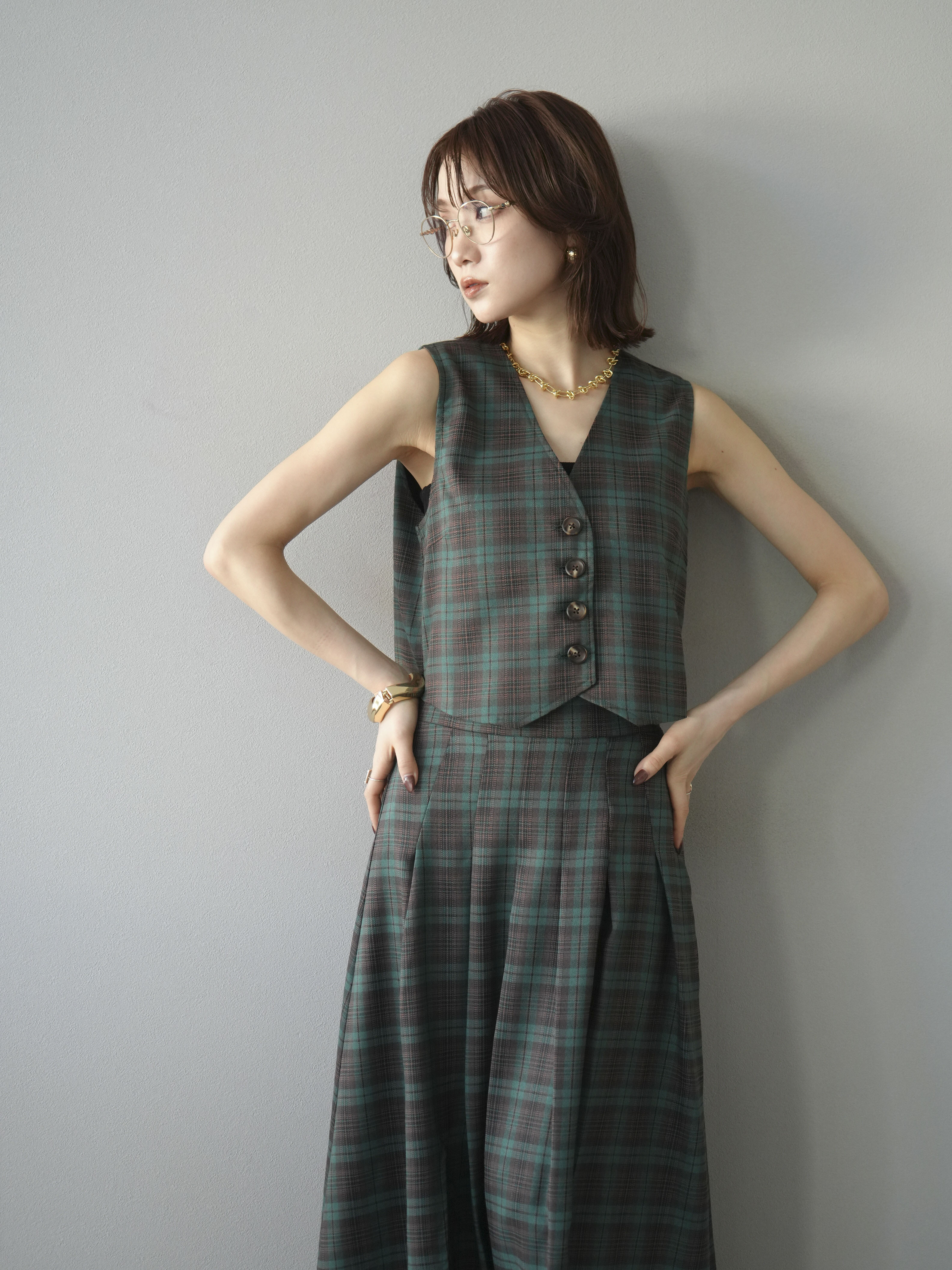 予約]チェック柄ベスト/グリーン – Lumier
