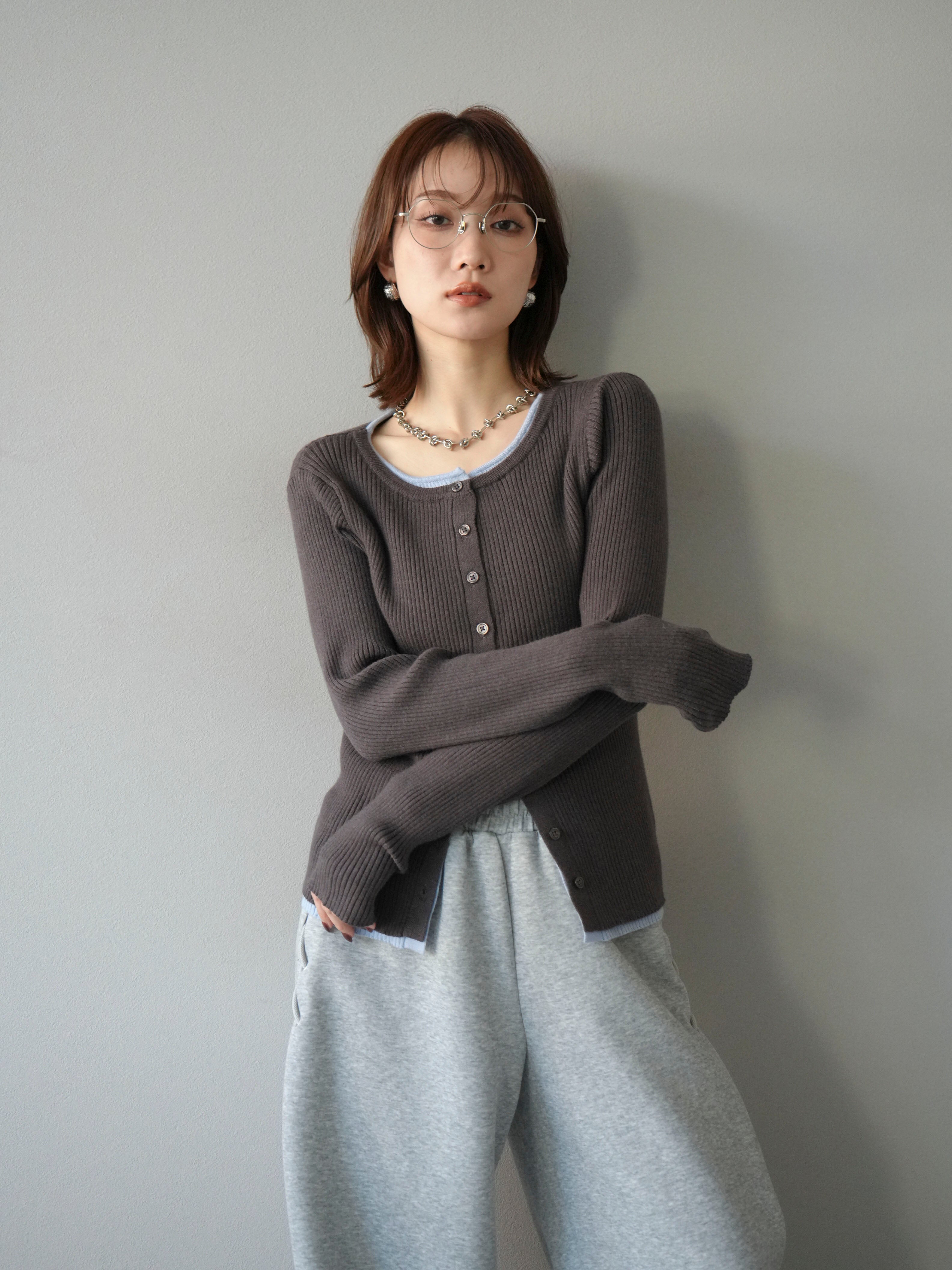 予約]レイヤード配色ニットカーディガン/グレー – Lumier