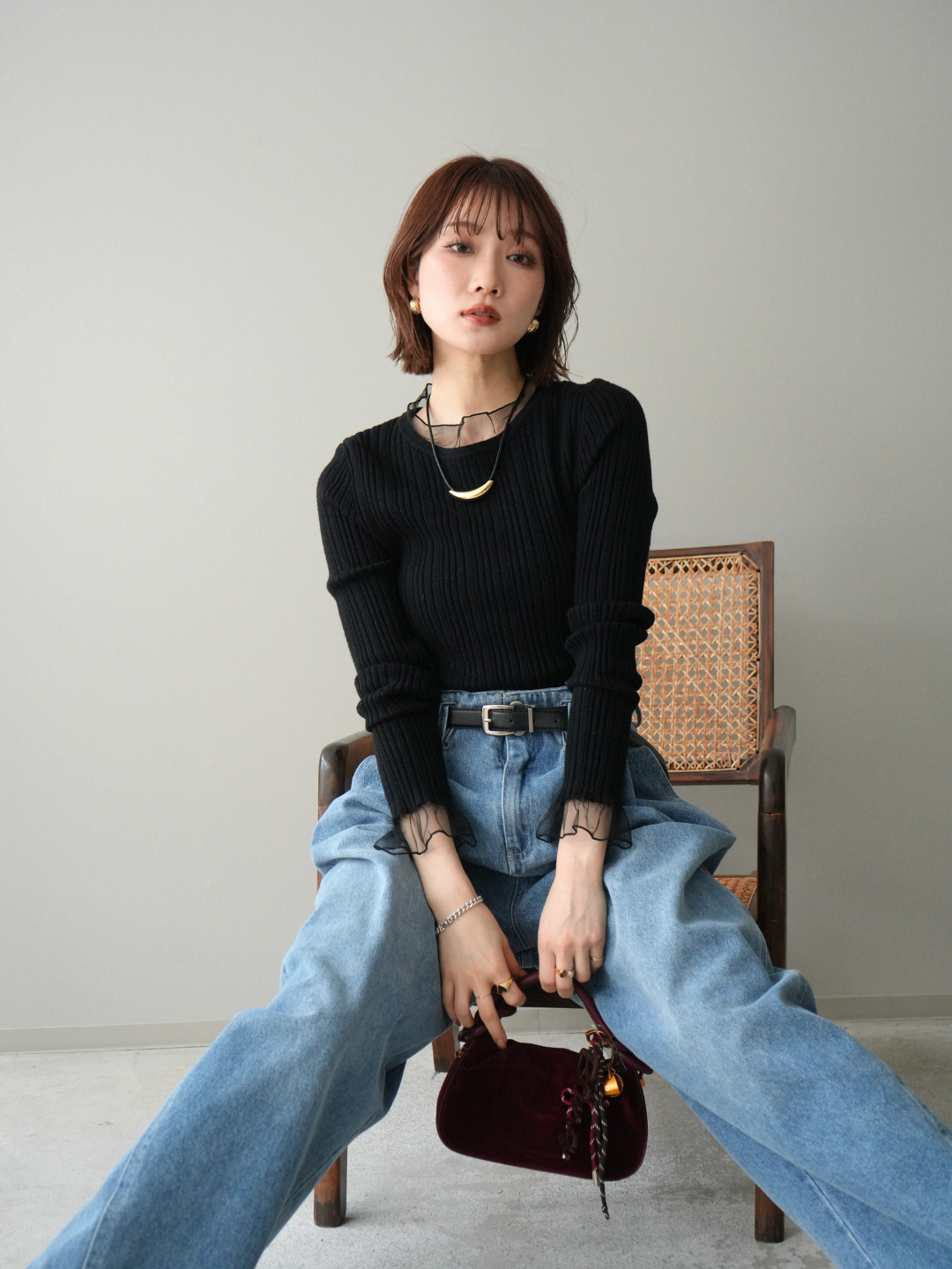 SET]チュールドッキングリブニットトップス+ハイウエストベルトループ