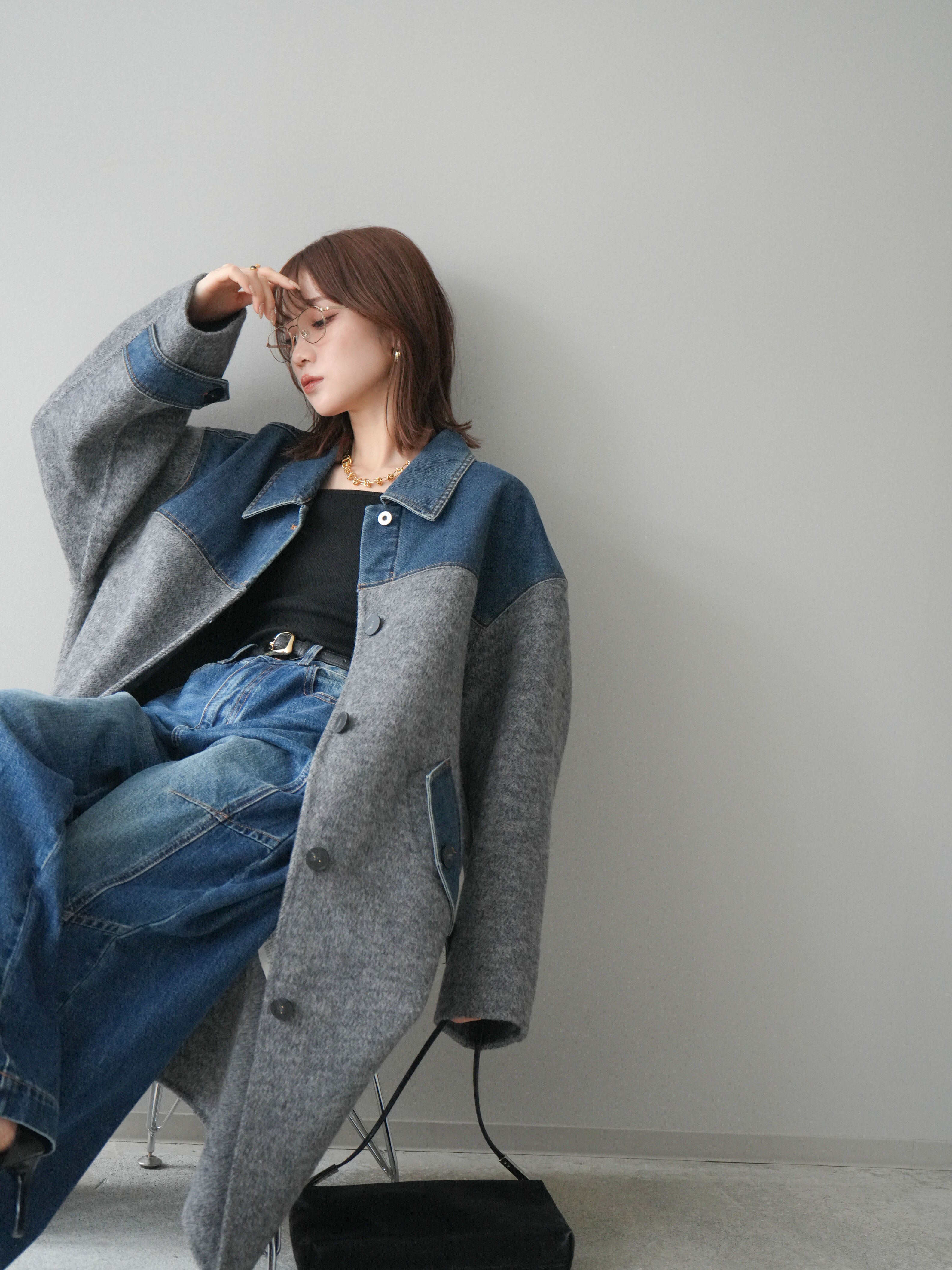 SET]デニム切替シャギーステンカラーコート+選べるアクセセット(2set