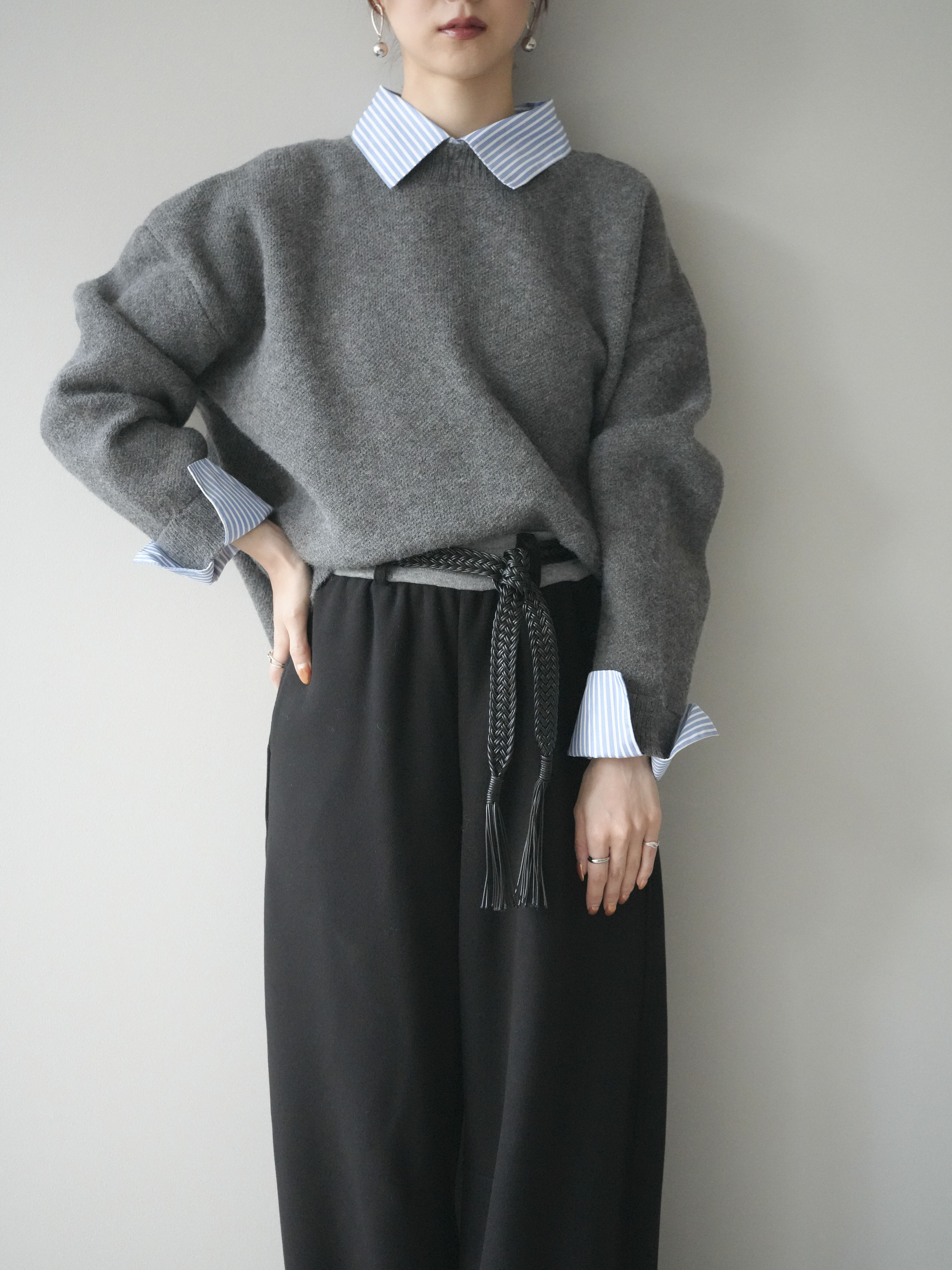 rough & swell セーター新品グレー　ストライプ柄 予約]2WAYストライプ襟ニットプルオーバー/charcoal – Lumier