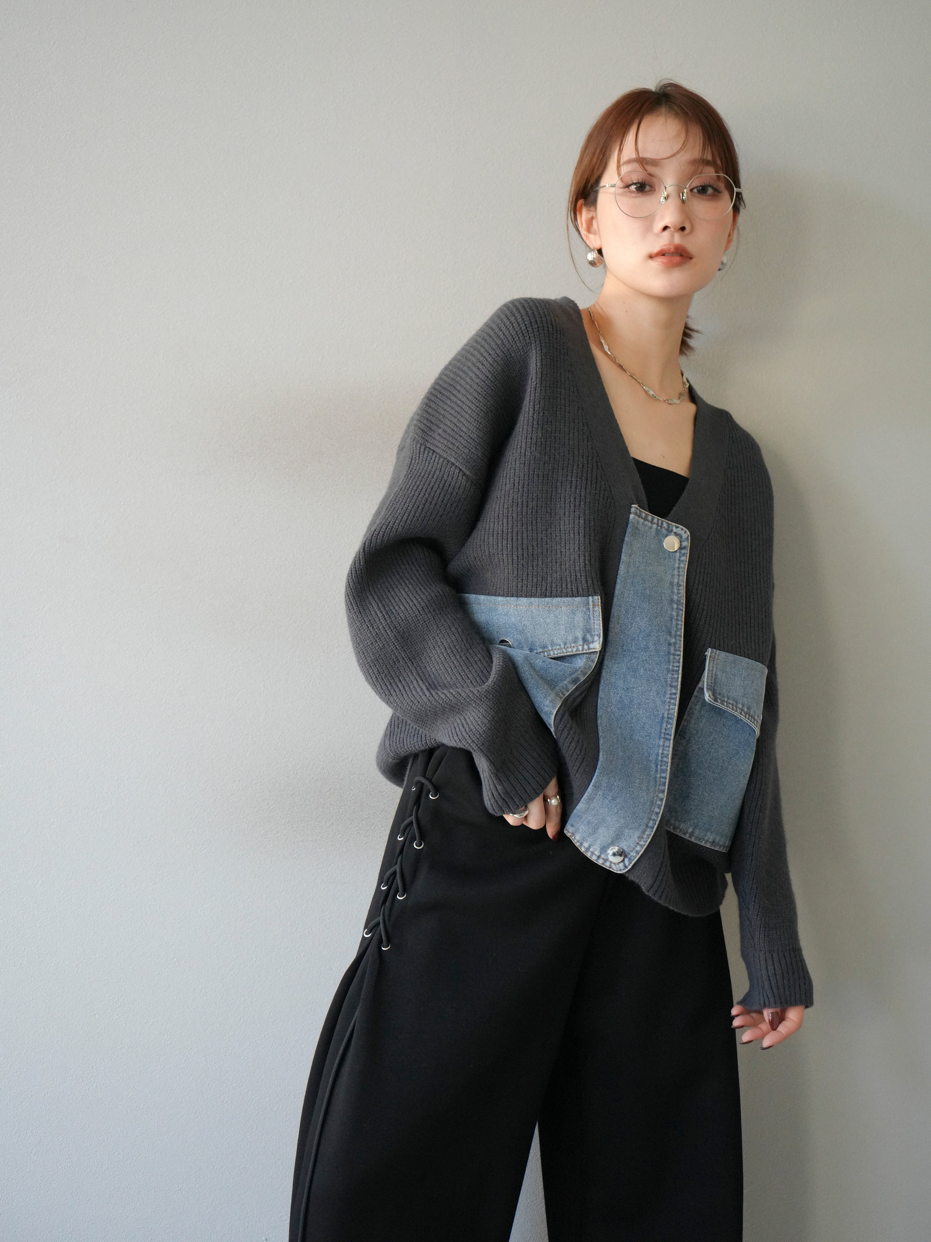 SET]デニムポケットデザインニットカーディガン+サイドレース