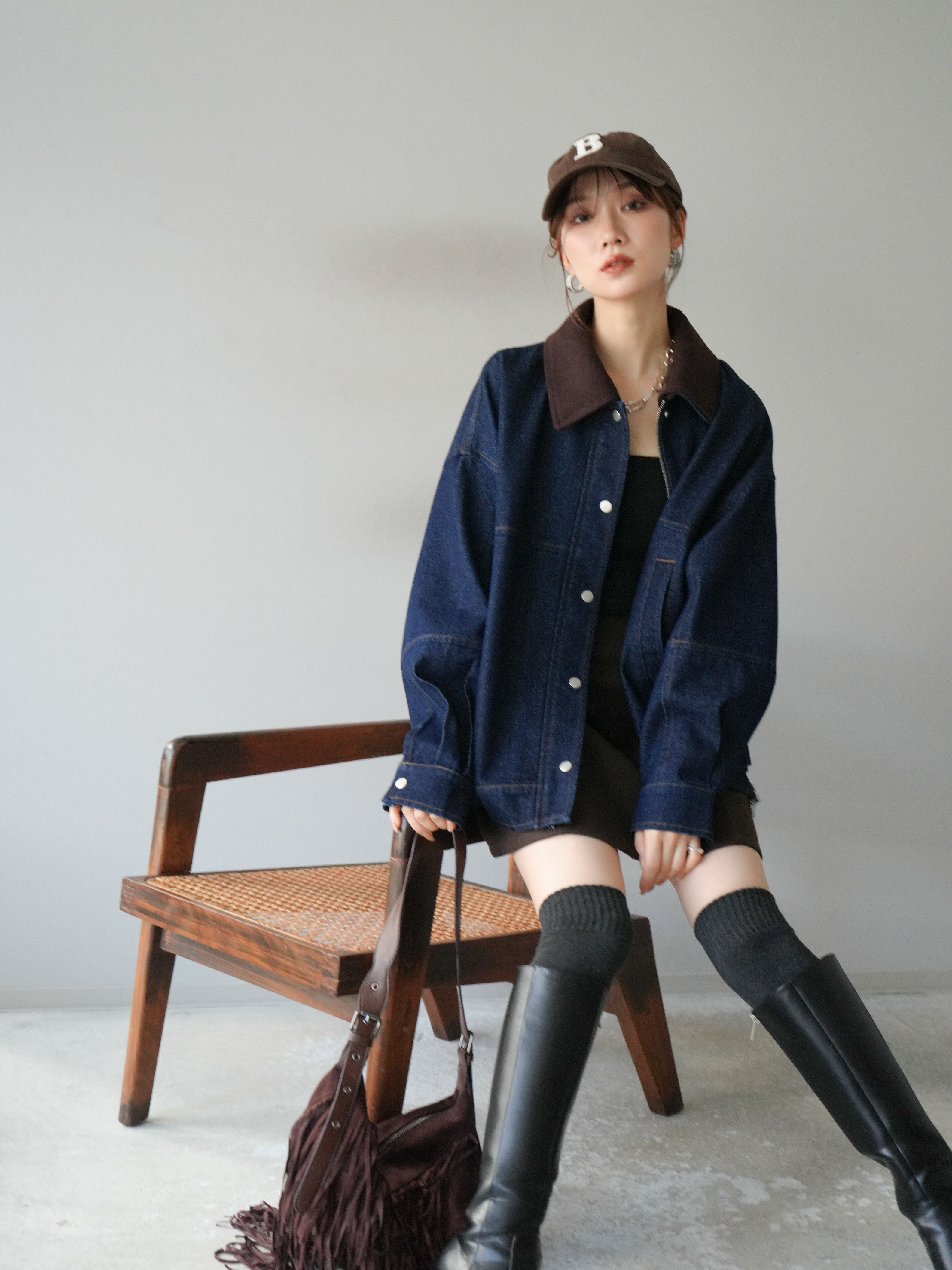 SET]スウェード襟切替デニムブルゾン+フェイクウールコクーン