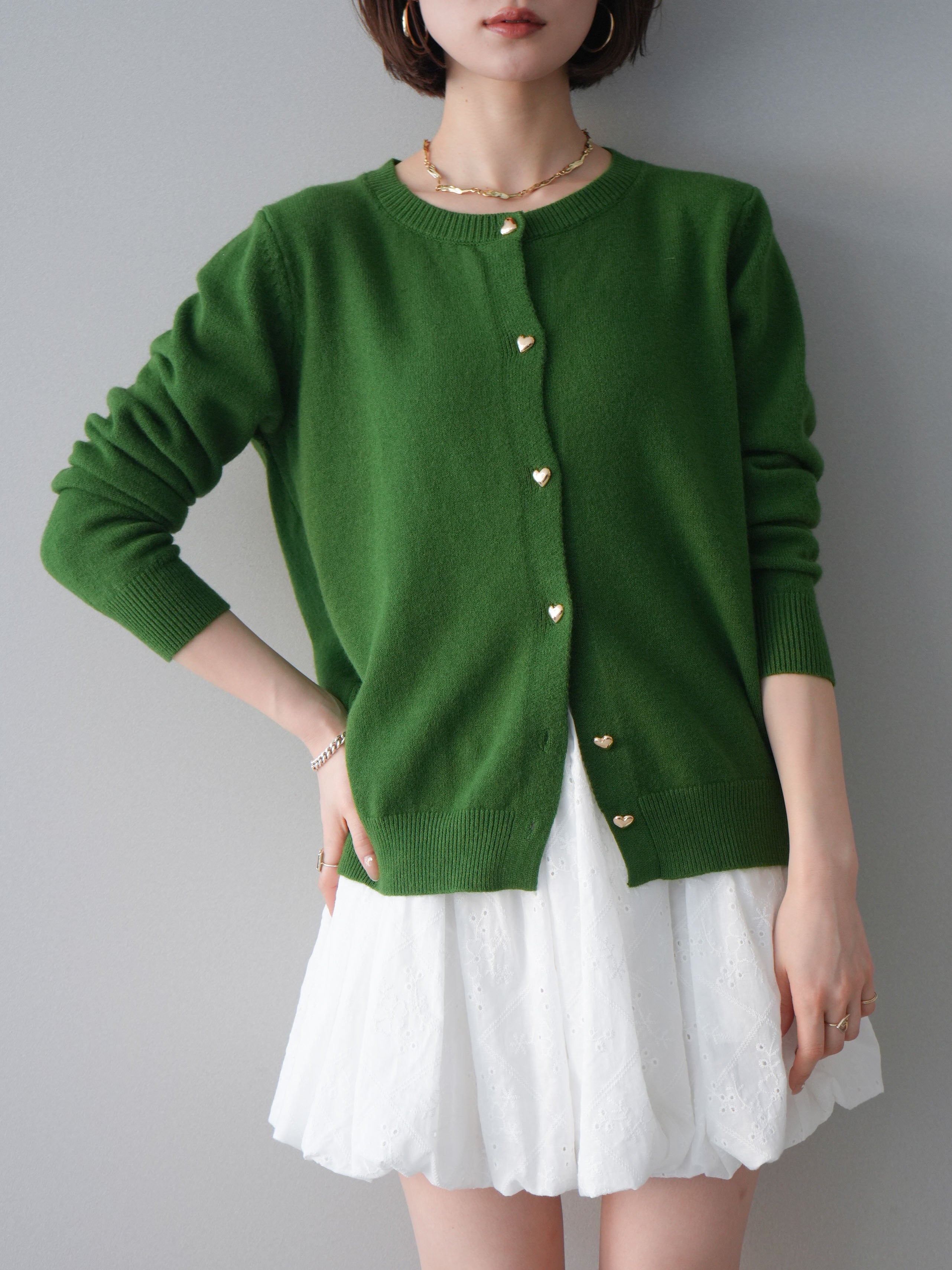 予約]ハートボタンニットカーディガン/green – Lumier