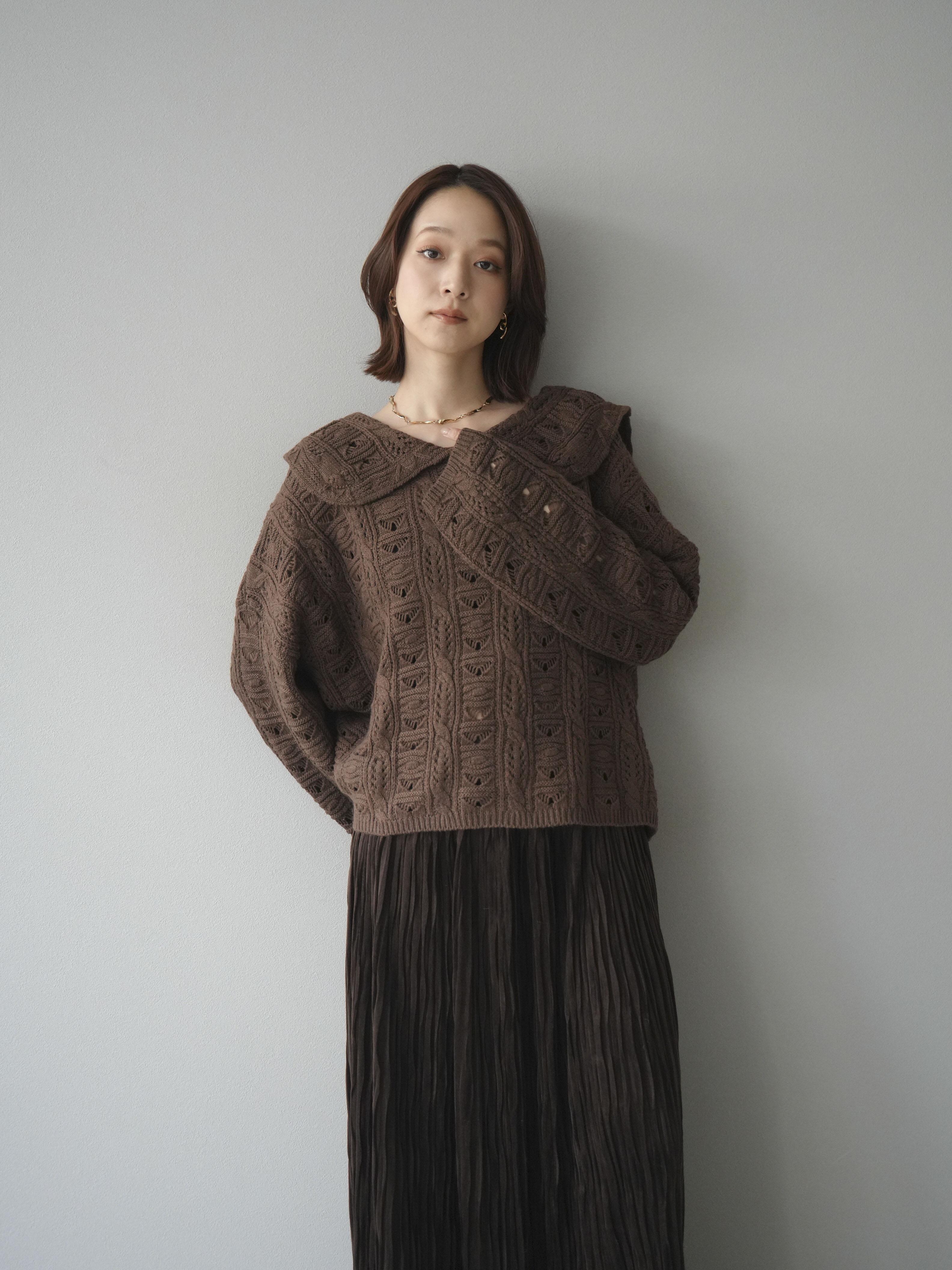 予約]透かし編みセーラーニットプルオーバー/brown – Lumier