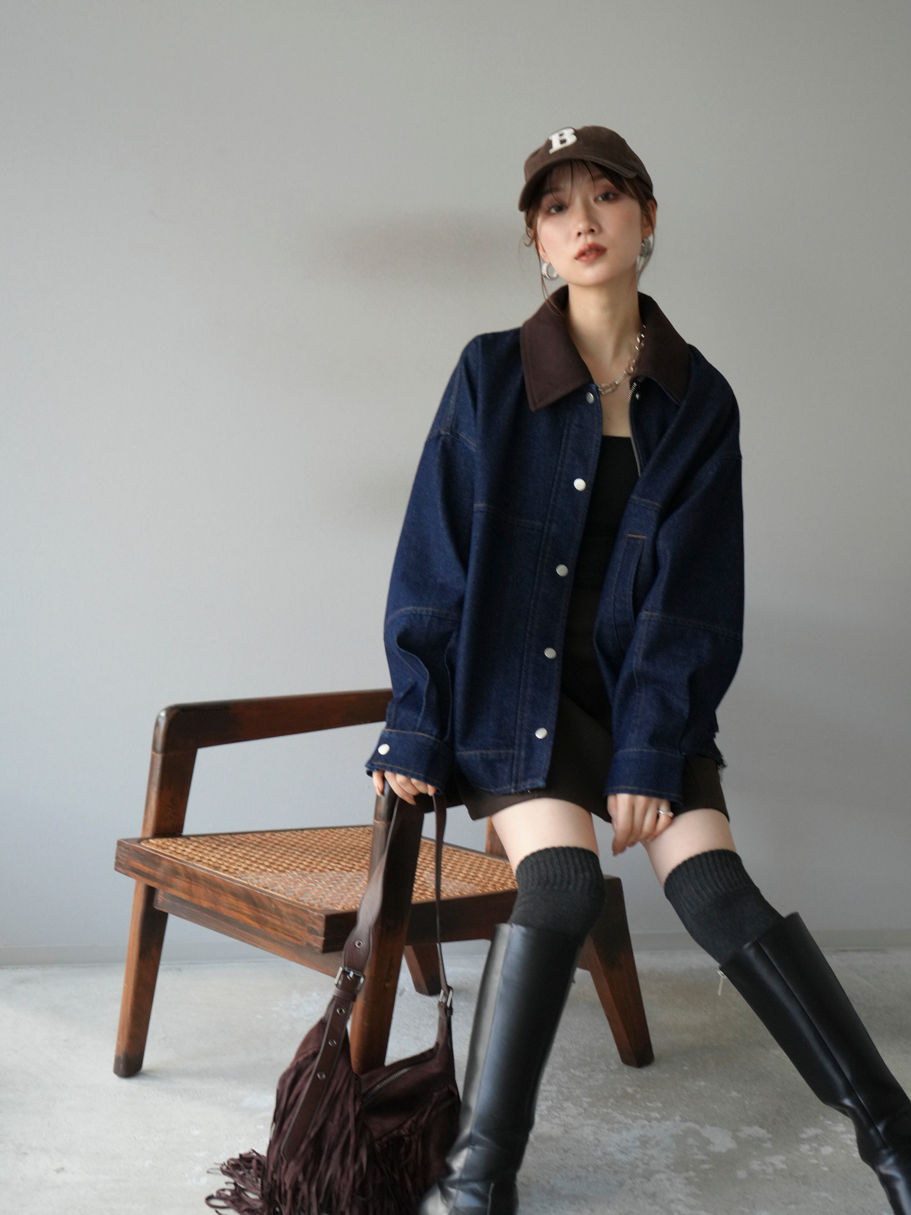 予約]スウェード襟切替デニムブルゾン/インディゴ – Lumier