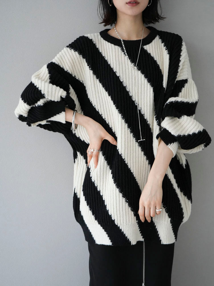 即納]ワイドストライプオーバーニットプルオーバー/ブラック – Lumier