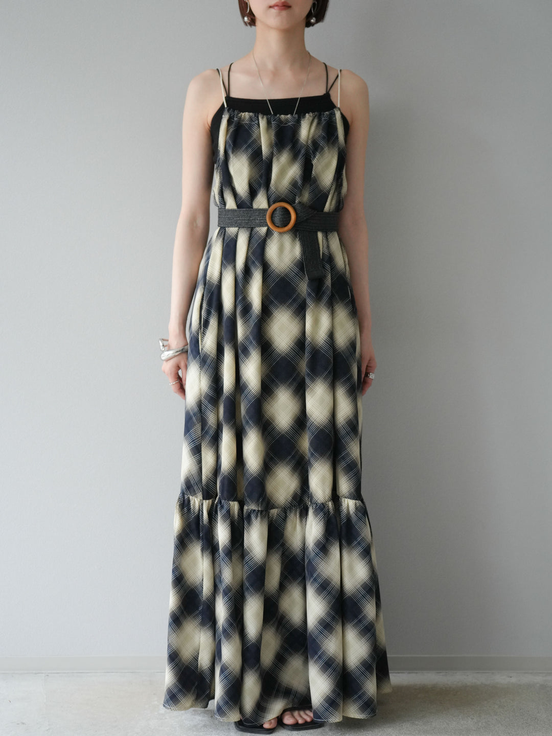 [予約]ベルト付チェックノースリーブワンピース/ブルー