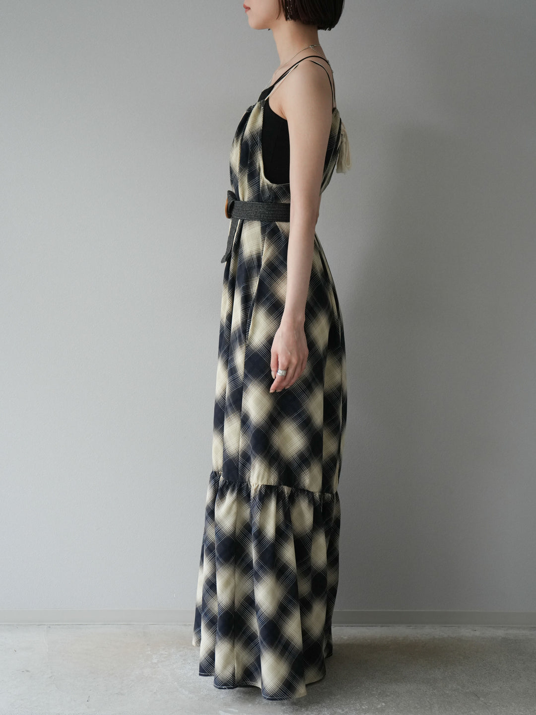 [予約]ベルト付チェックノースリーブワンピース/ブルー