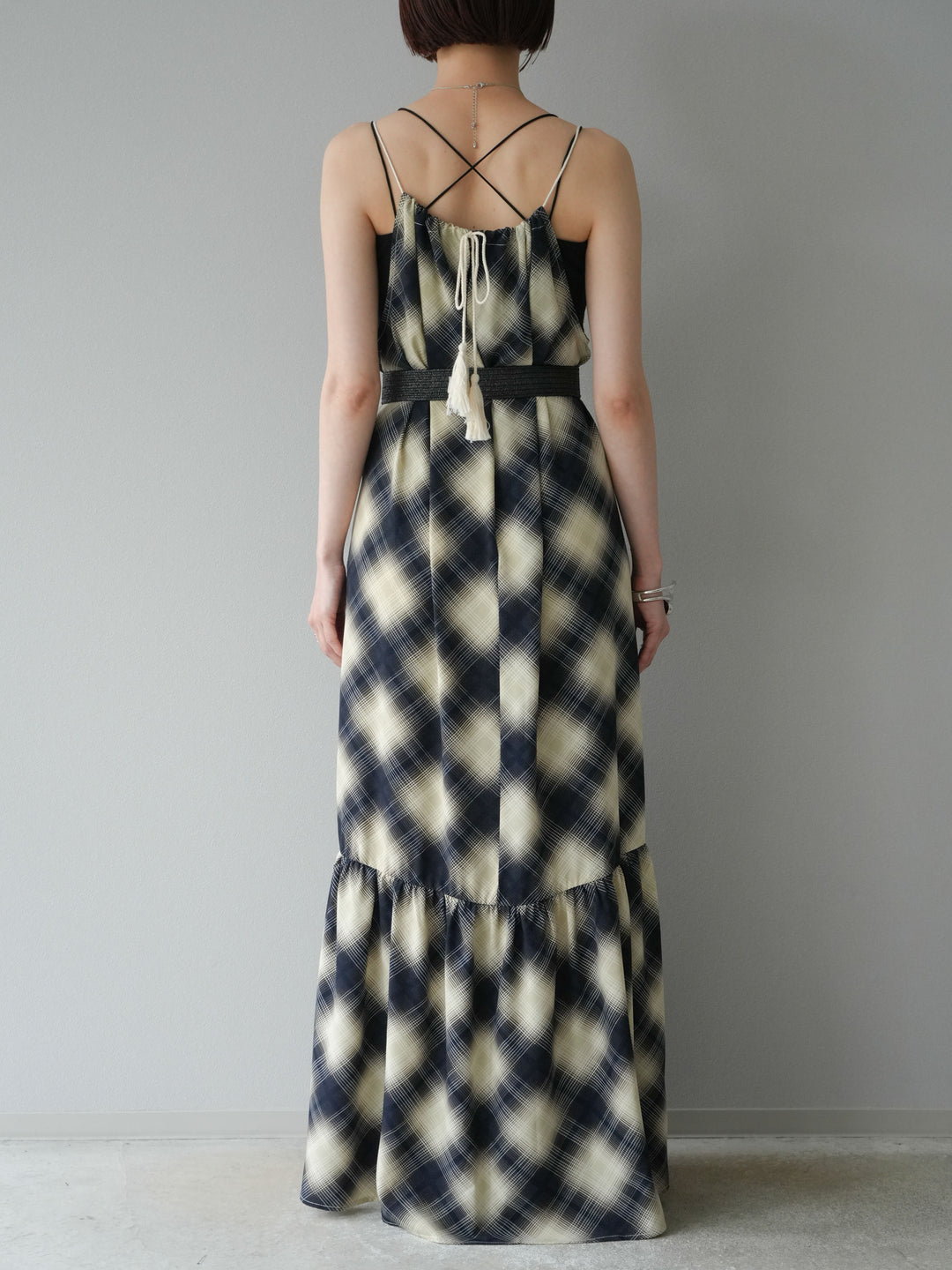 [予約]ベルト付チェックノースリーブワンピース/ブルー