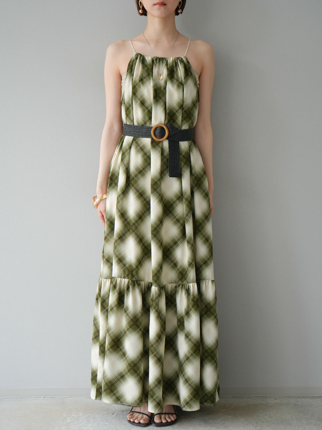 [予約]ベルト付チェックノースリーブワンピース/グリーン