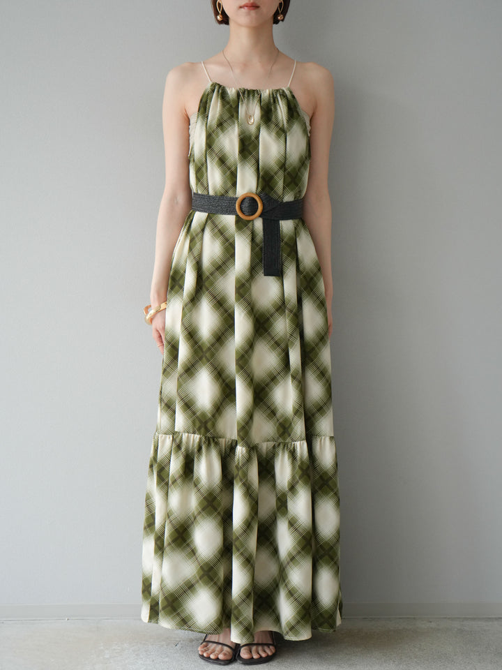 [予約]ベルト付チェックノースリーブワンピース/グリーン