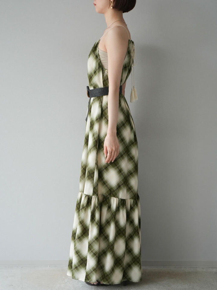 [予約]ベルト付チェックノースリーブワンピース/グリーン