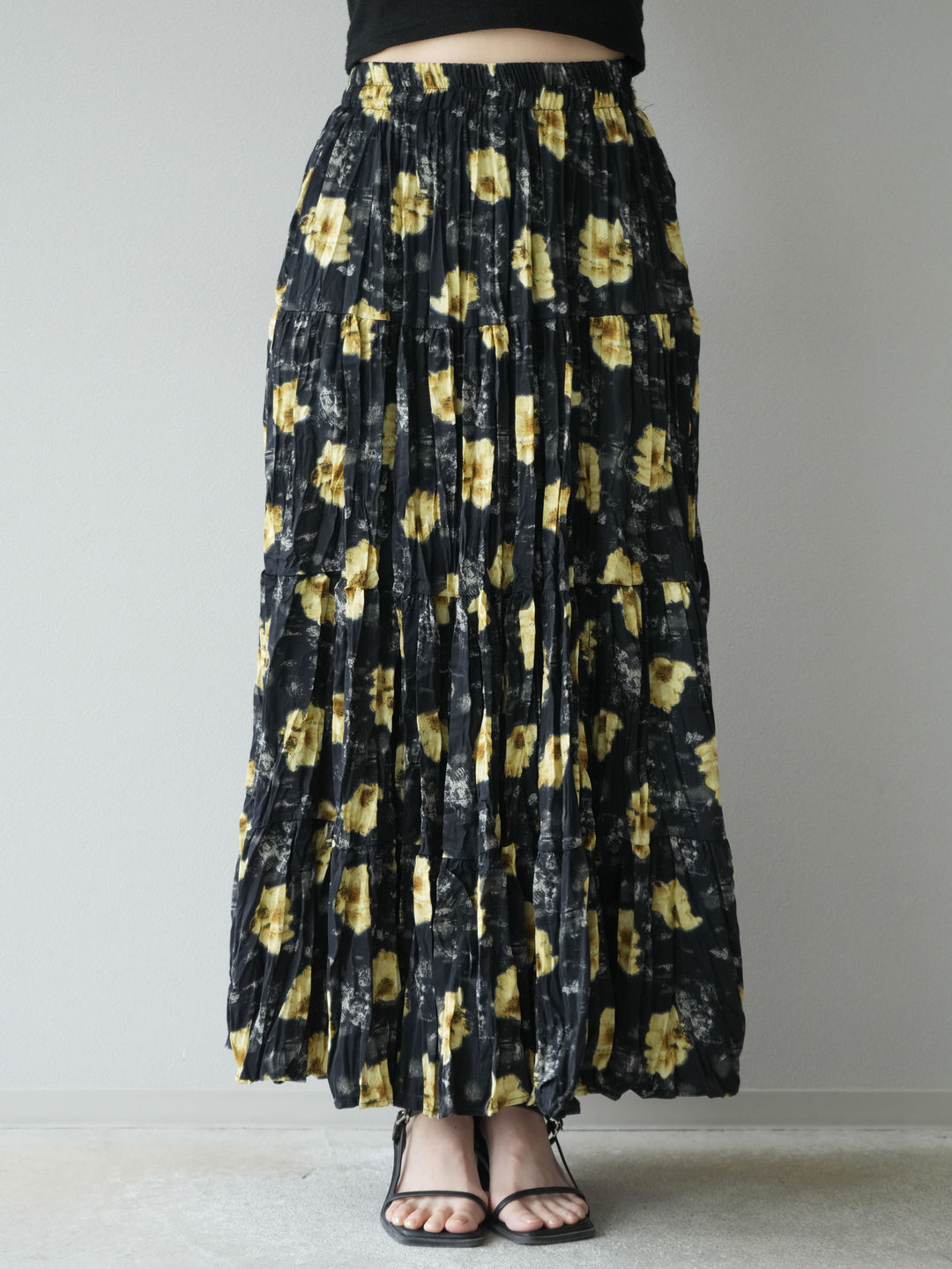 [予約]フラワーワッシャーロングスカート/ブラック