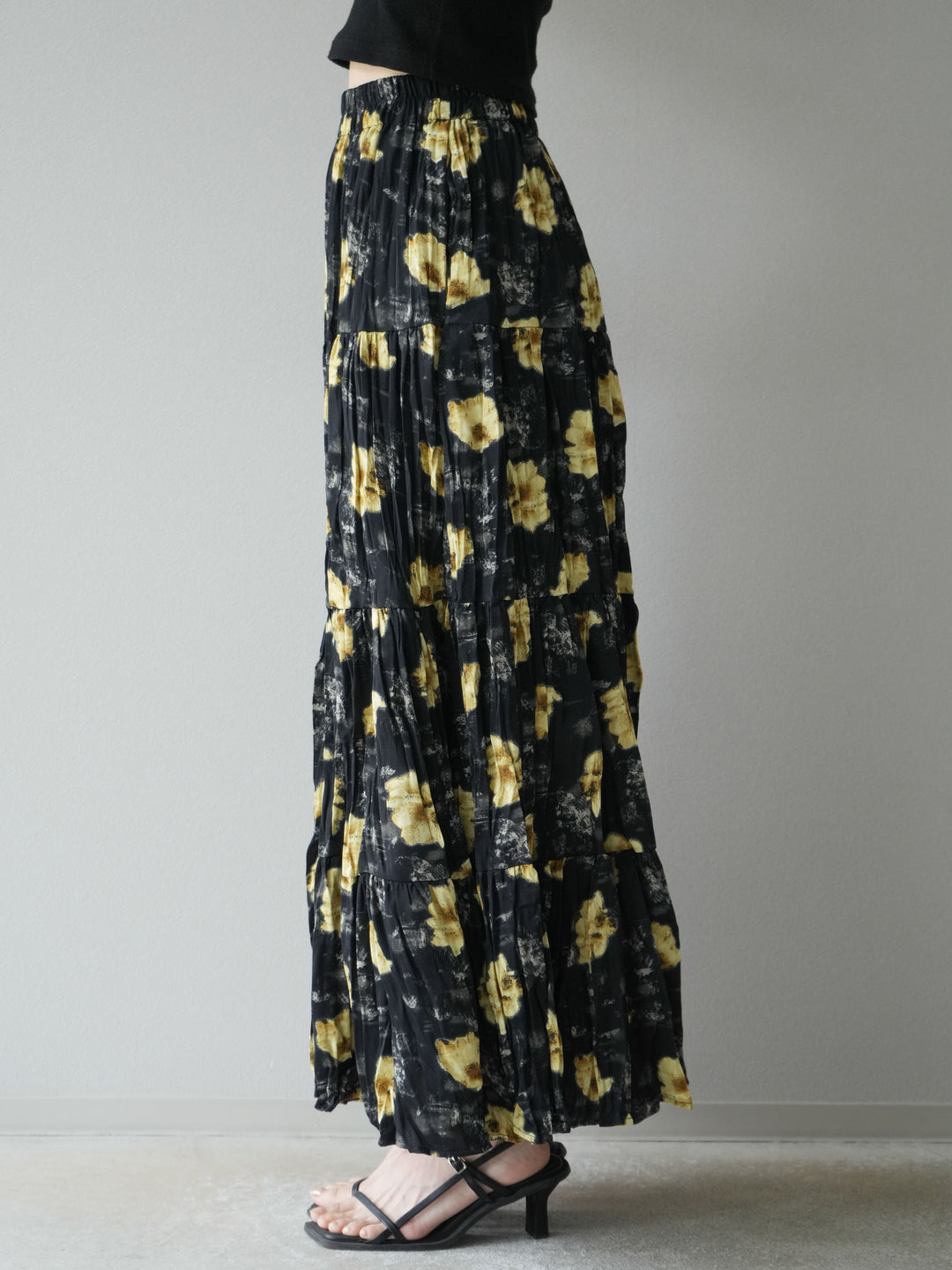[予約]フラワーワッシャーロングスカート/ブラック