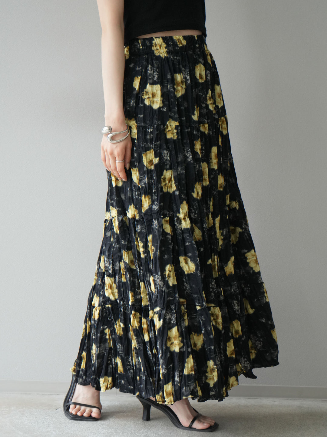 [予約]フラワーワッシャーロングスカート/ブラック