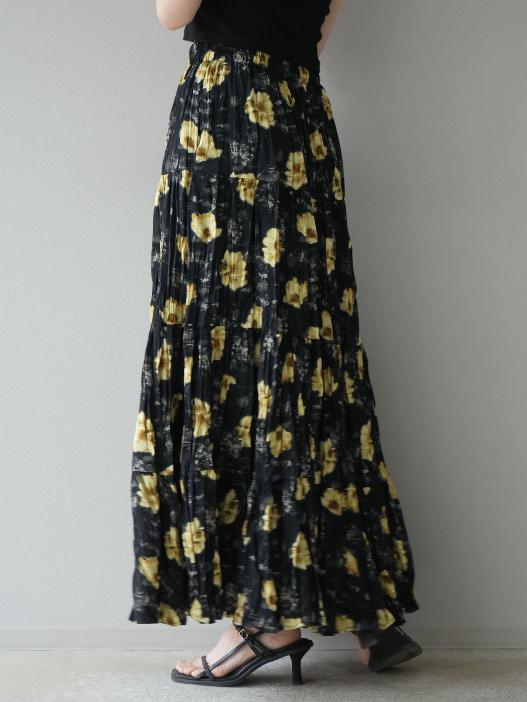 [予約]フラワーワッシャーロングスカート/ブラック