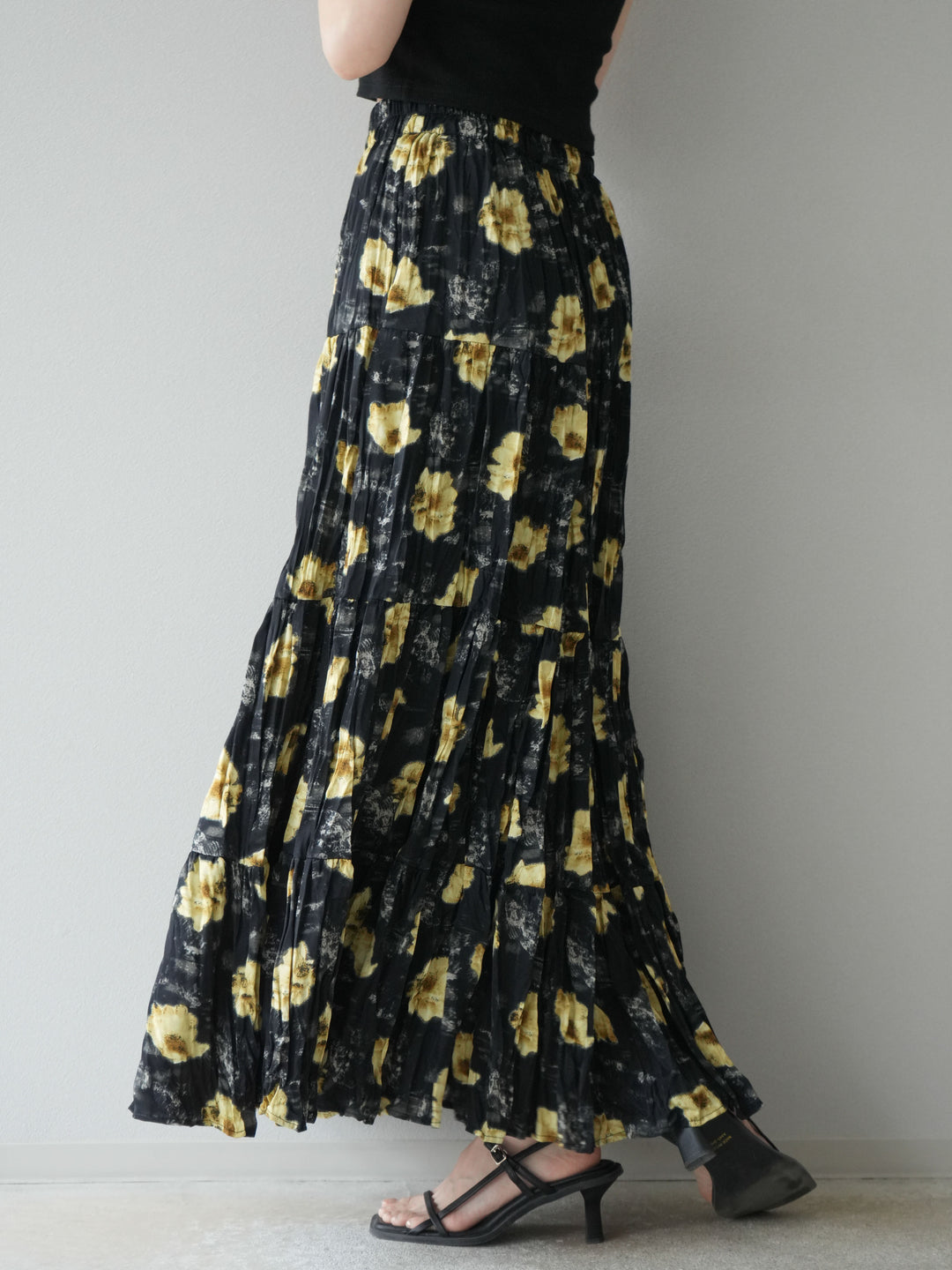 [予約]フラワーワッシャーロングスカート/ブラック
