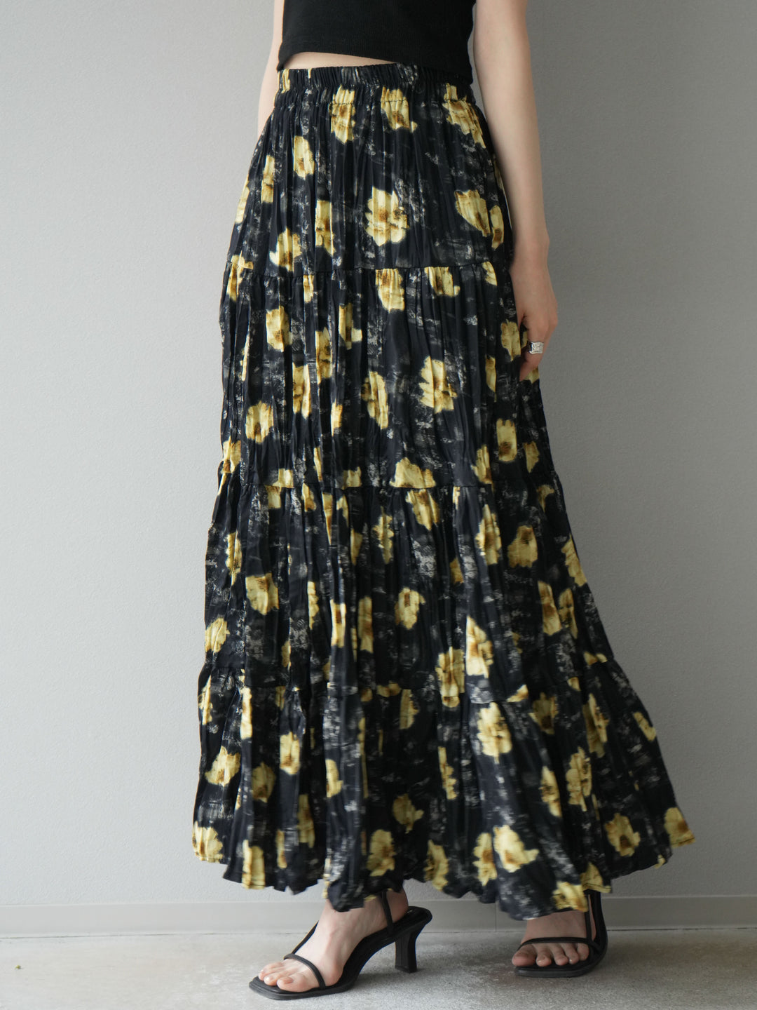 [予約]フラワーワッシャーロングスカート/ブラック