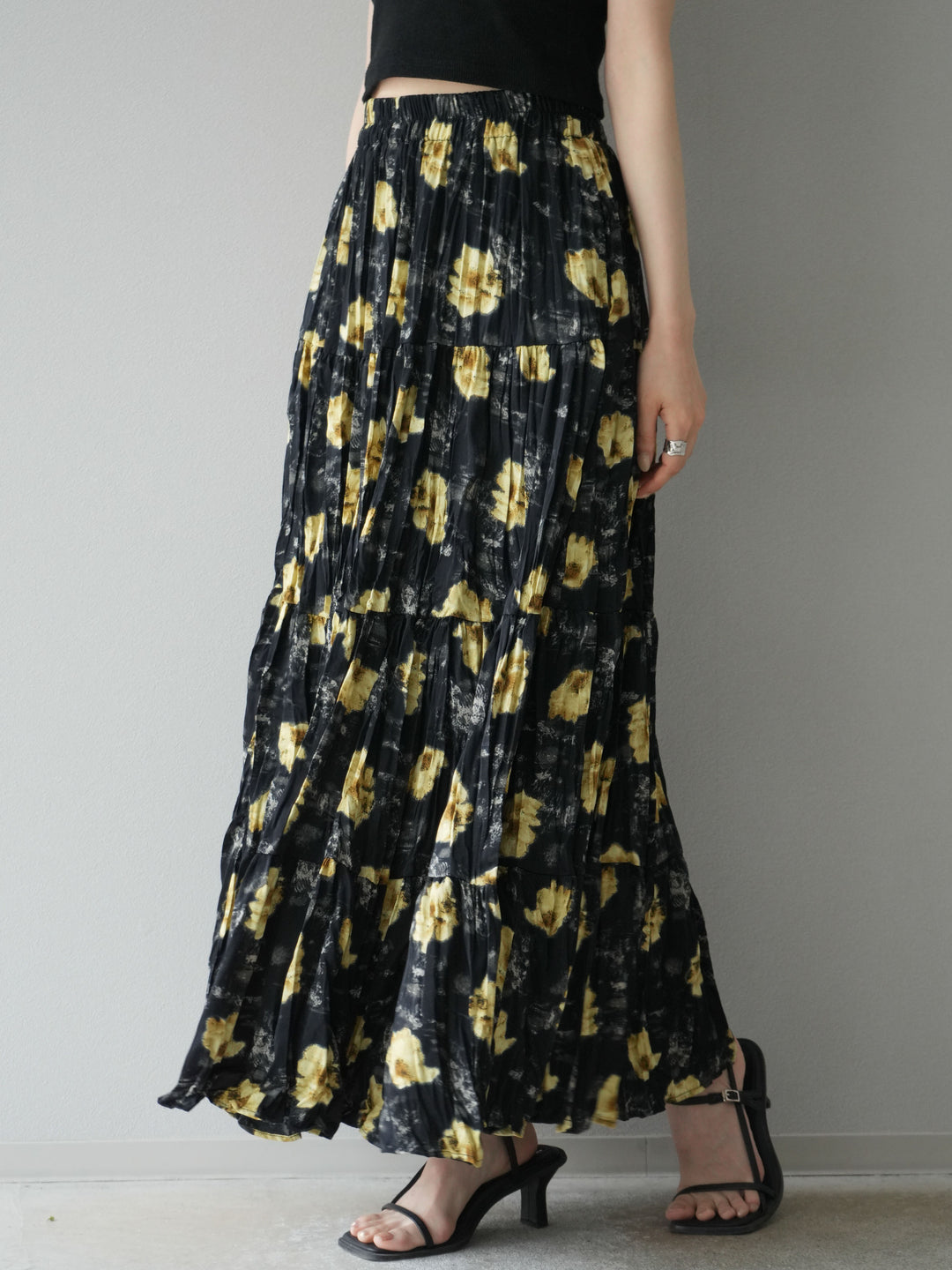 [予約]フラワーワッシャーロングスカート/ブラック