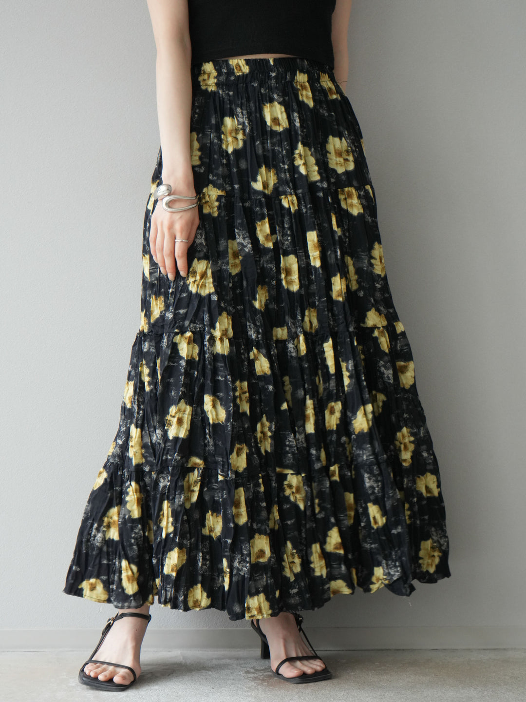 [予約]フラワーワッシャーロングスカート/ブラック