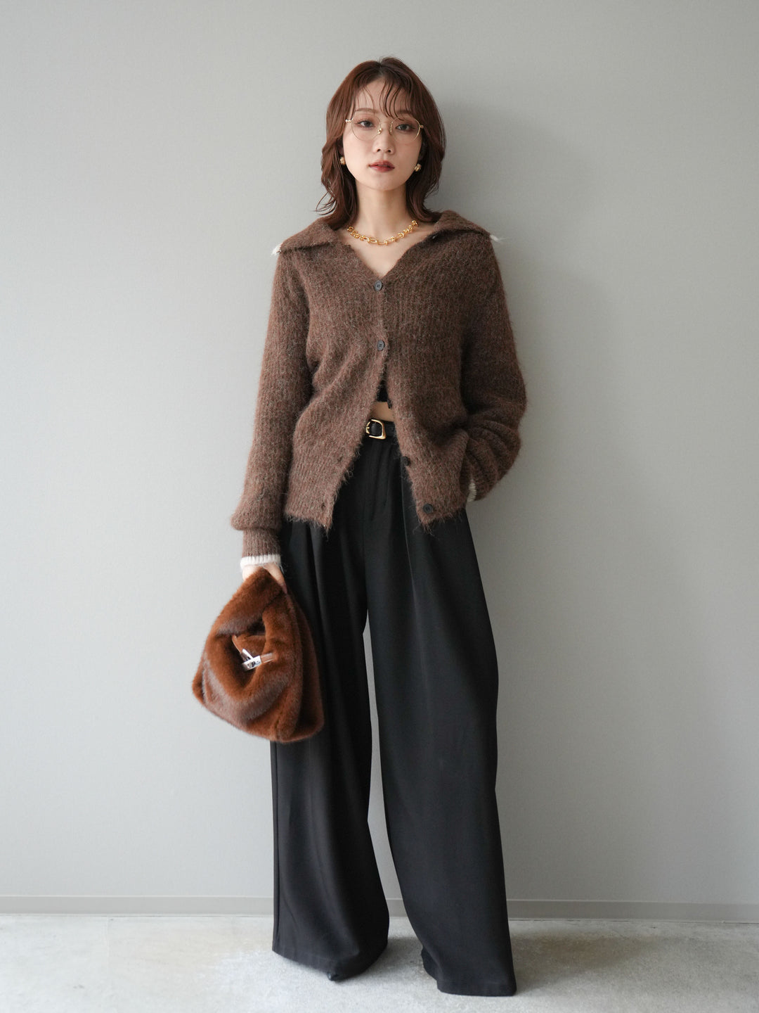 [予約]襟付きバイカラーミックスニットカーディガン/brown