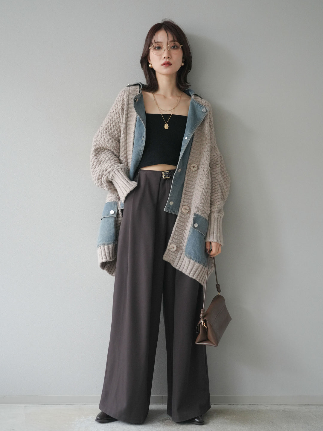 [SET]デニム襟レイヤードニットジャケット+ベルトループデザインワイドパンツ(2set)