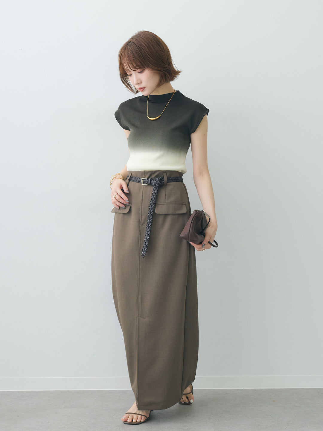 [SET]グラデーションフレンチリブニットトップス+クレープデシンフラップ付きストレートスカート(2set)