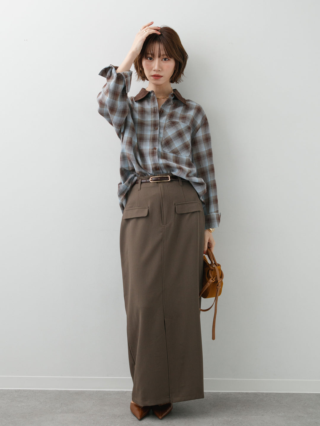 [SET]チェックオーバーシャツ+クレープデシンフラップ付きストレートスカート(2set)