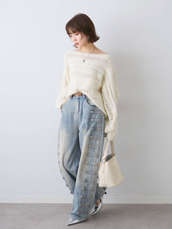 [予約]ミックス透かし編ワイドネックニットトップス/ivory