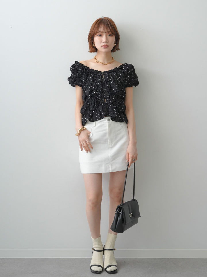 [SET]ドット半袖シャーリングフリルブラウス+ペチ付デニムミニスカート(2set)