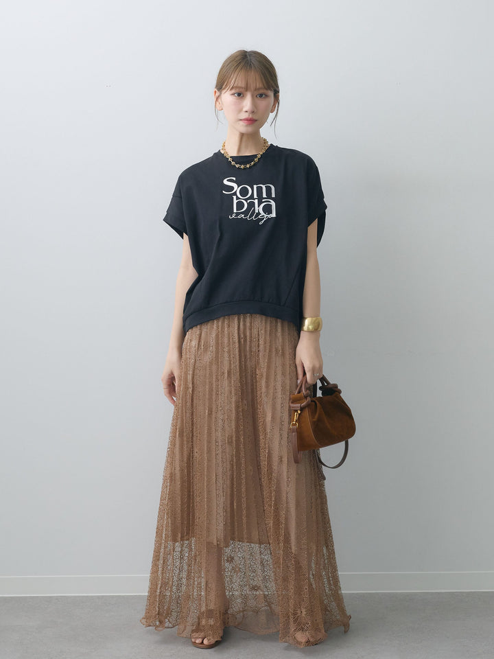 [SET]立体ロゴエンボスTEE +フローラルレースプリーツスカート(2set)