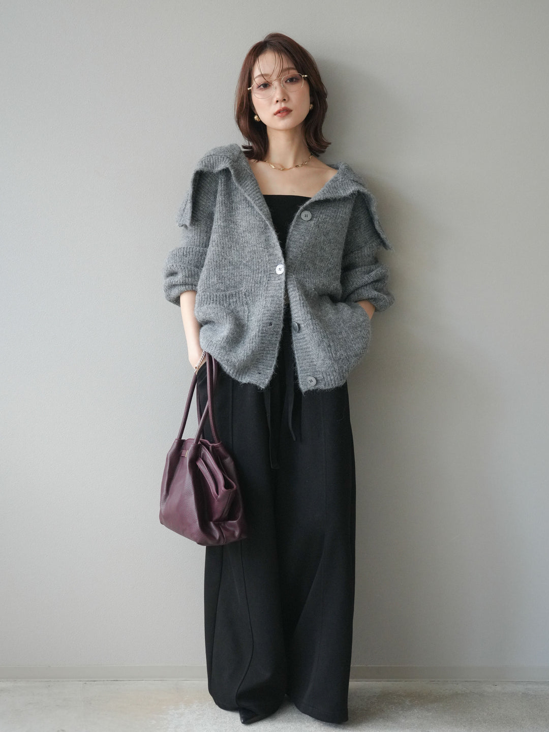 [予約]襟付きボタンオーバーニットカーディガン/gray