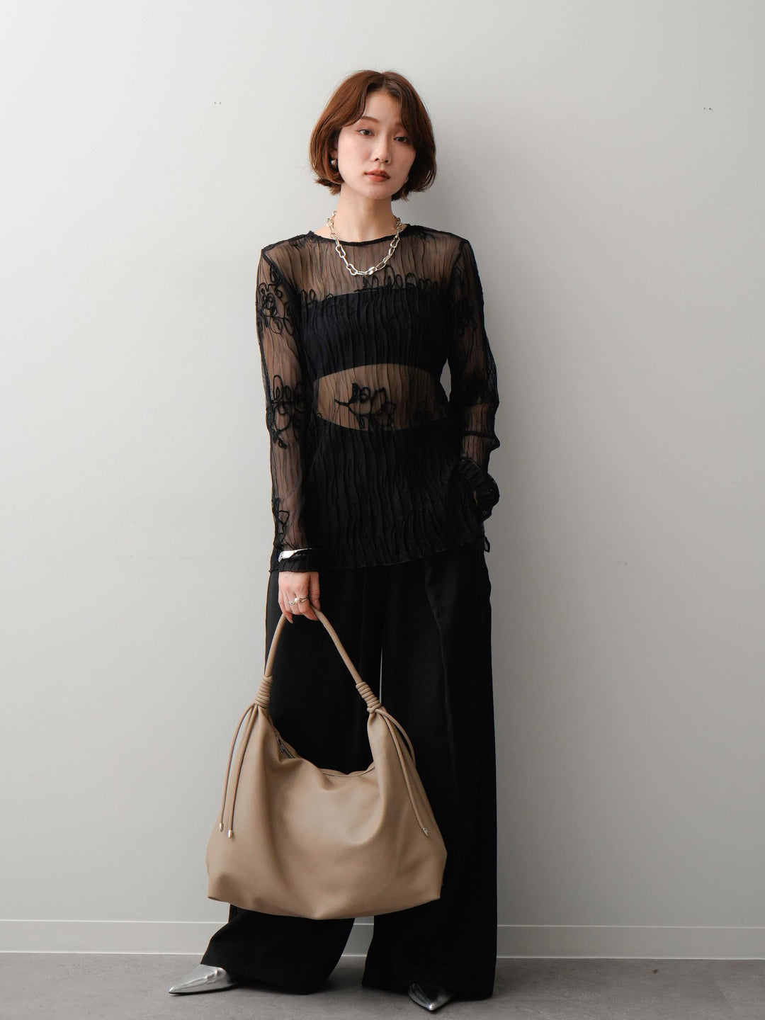 [SET]コード刺繍シアーロングスリーブトップス+選べるアクセセット(2set)