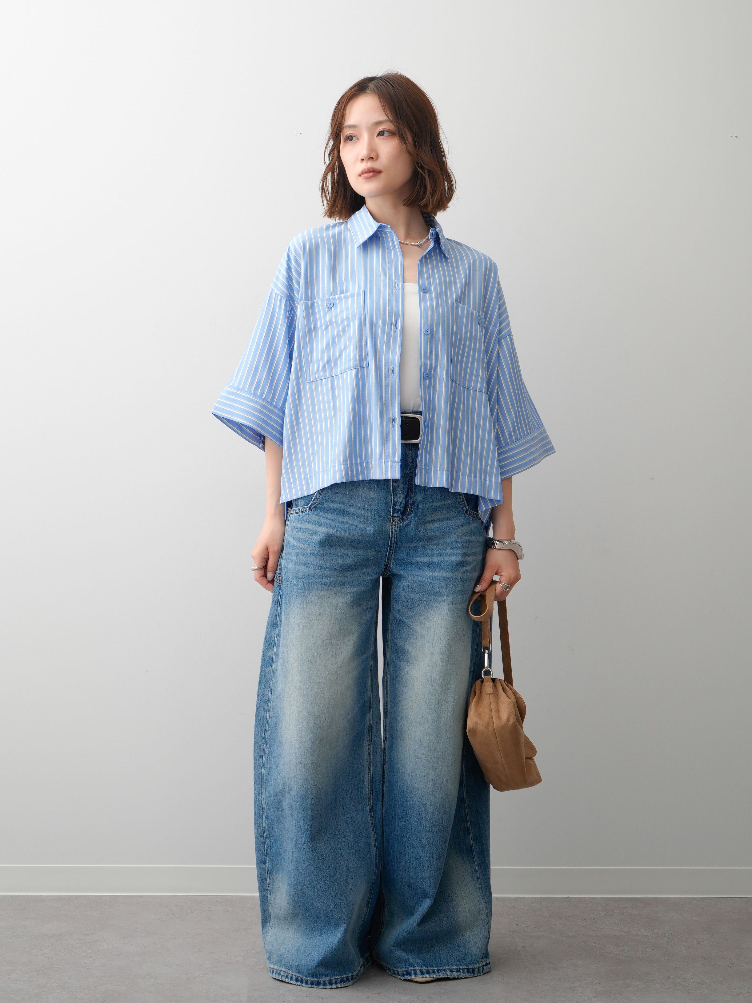 【美品・人気韓国ブランド】ORR パフスリーブシャツ　ライトブルー 予約]ストライプWポケットハーフシャツ/lightblue – Lumier