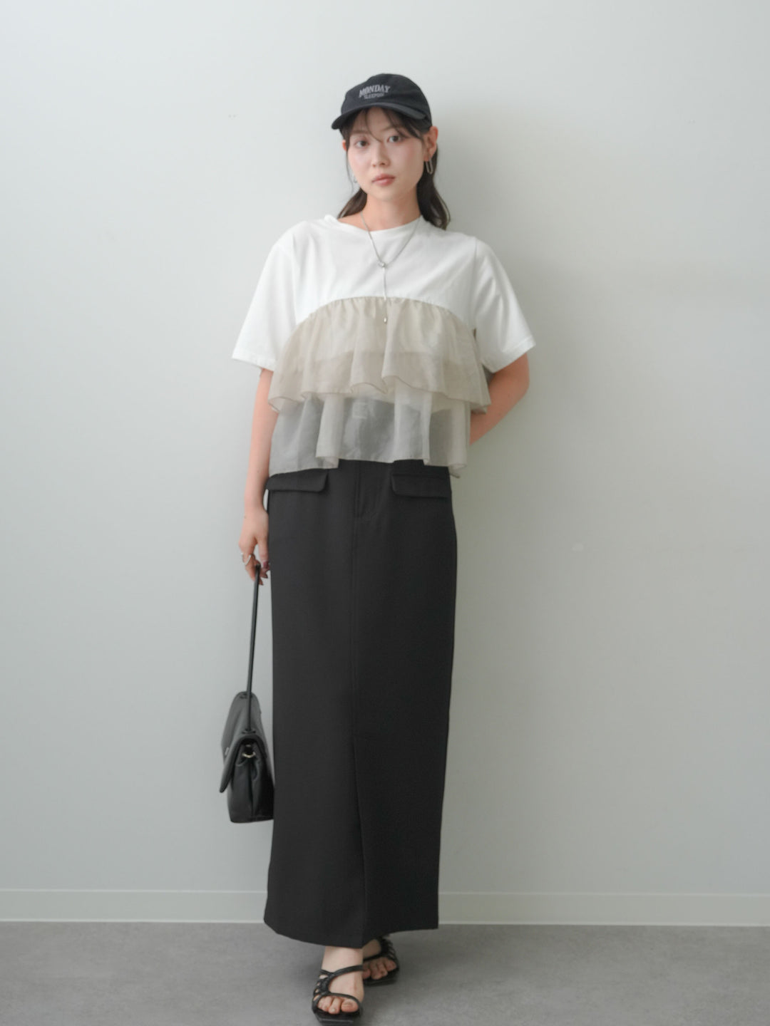 [SET]オーガンジーフリルドッキングTEE+クレープデシンフラップ付きストレートスカート(2set)